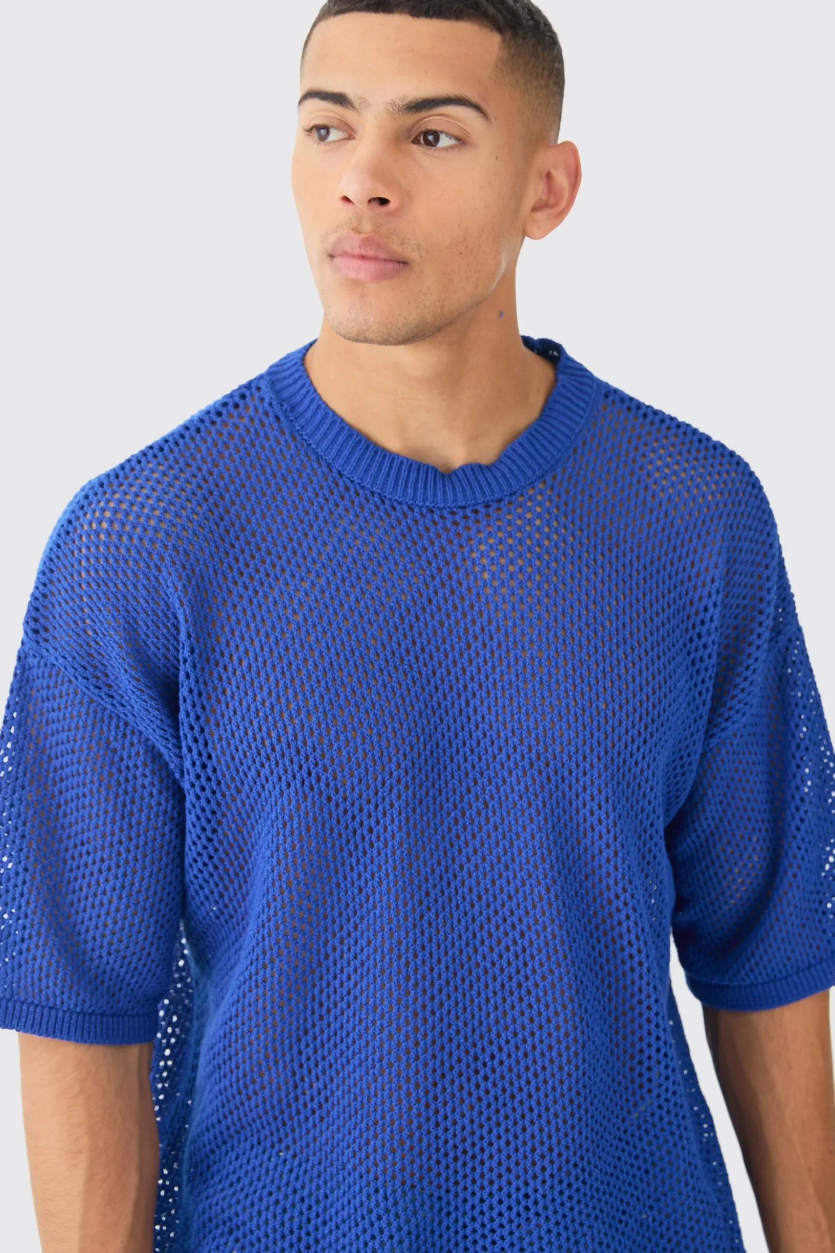 Oversized Open Stitch T-shirt In Cobalt | BoohooMAN UK