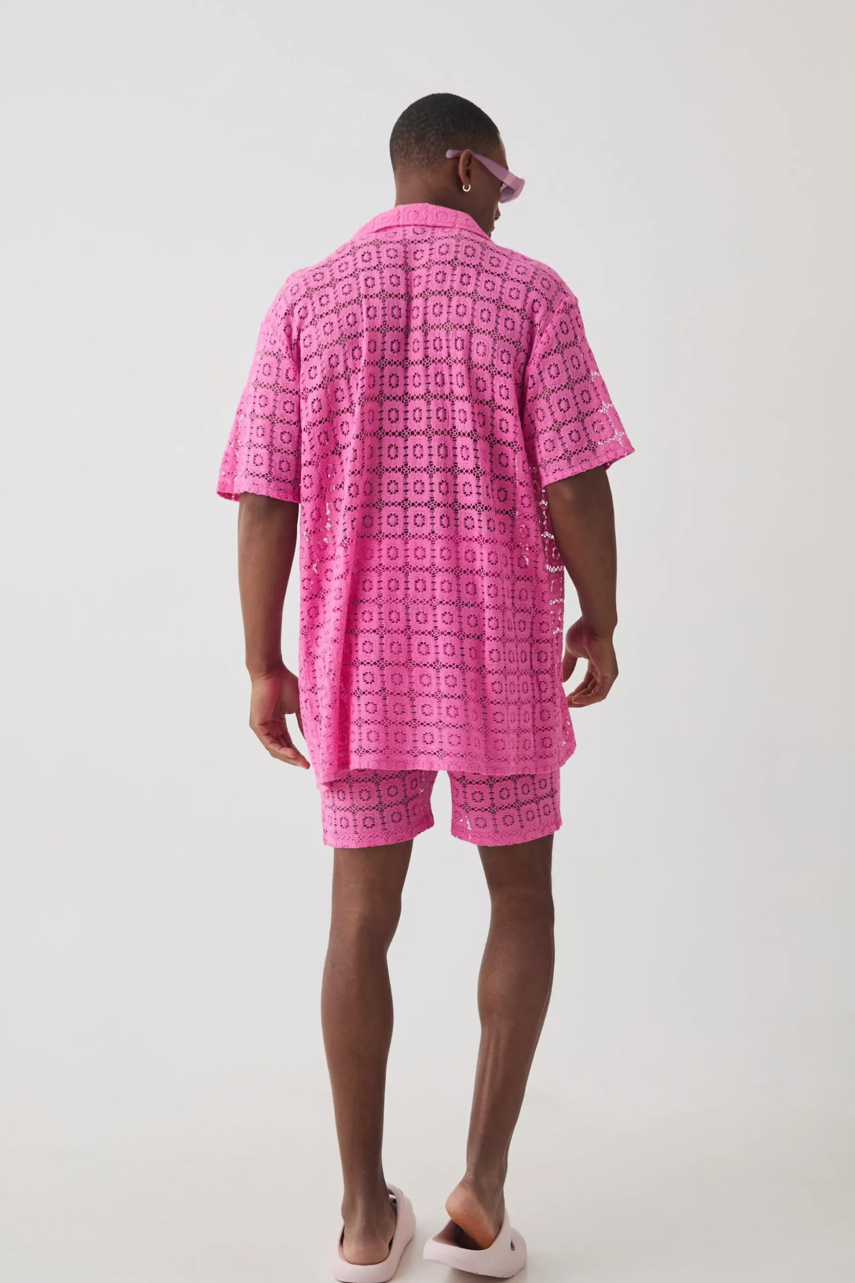 Oversized Open Weave Lace Shirt & Short Set | BoohooMAN UK