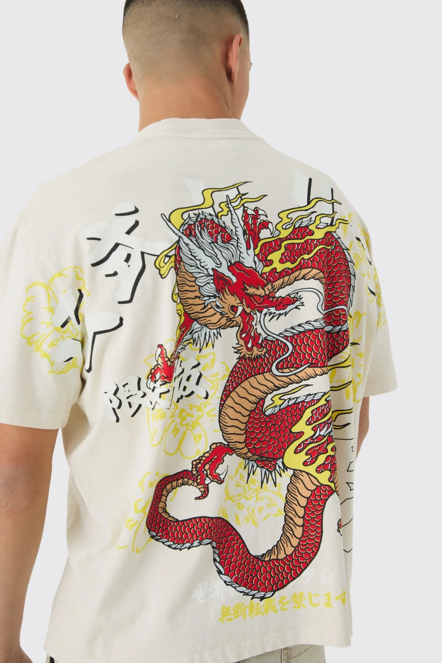 Oversized Over Seams Extended Neck Dragon Wash Print T-Shirt | BoohooMAN UK