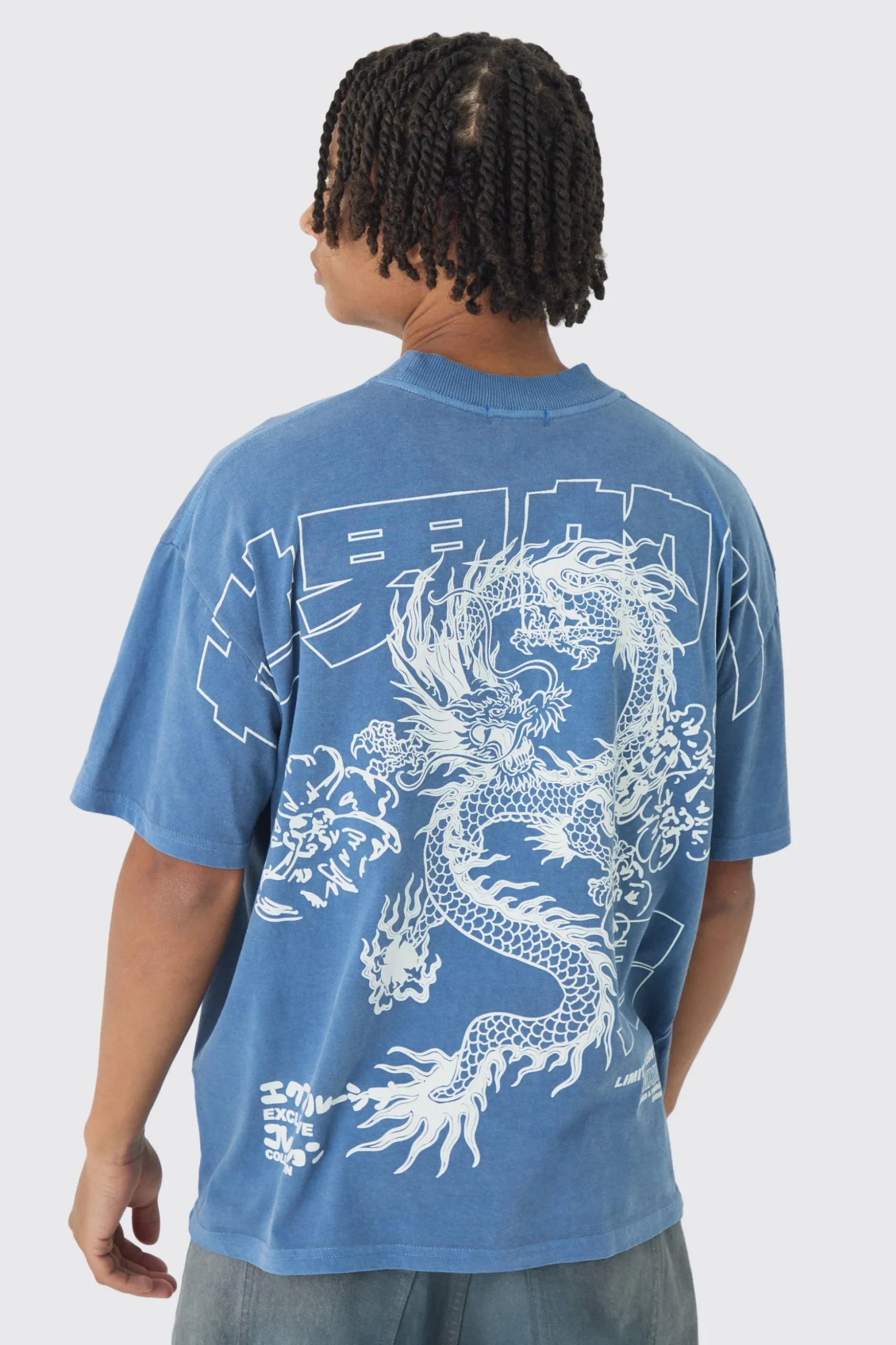 Oversized Over Seams Extended Neck Dragon Wash Print T-Shirt | BoohooMAN UK