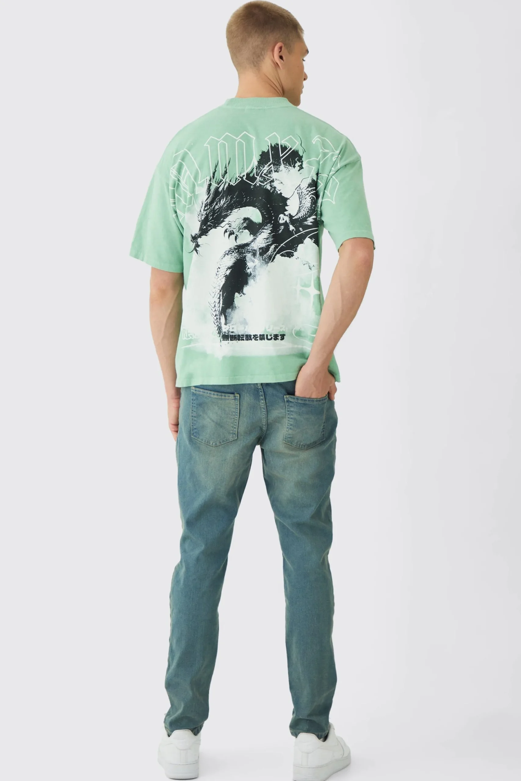 Oversized Over Seams Extended Neck Dragon Wash Print T-Shirt | BoohooMAN UK