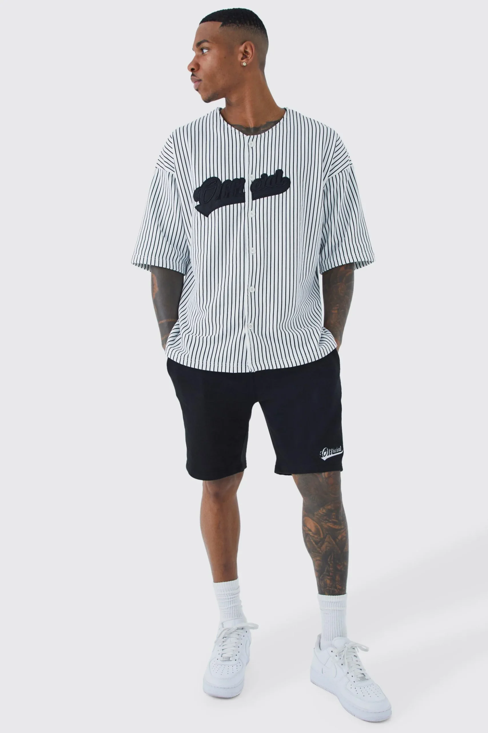Oversized Pinstripe Baseball Shirt & Short Set | BoohooMAN UK