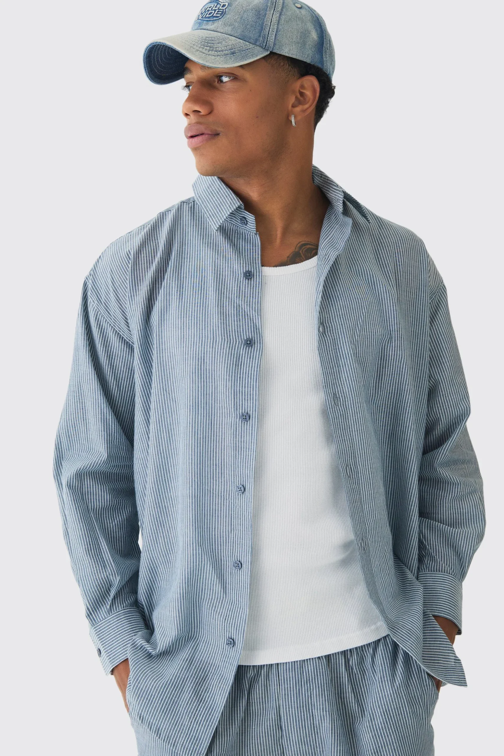 Oversized Pinstripe Shirt & Trousers Set In Black | BoohooMAN UK