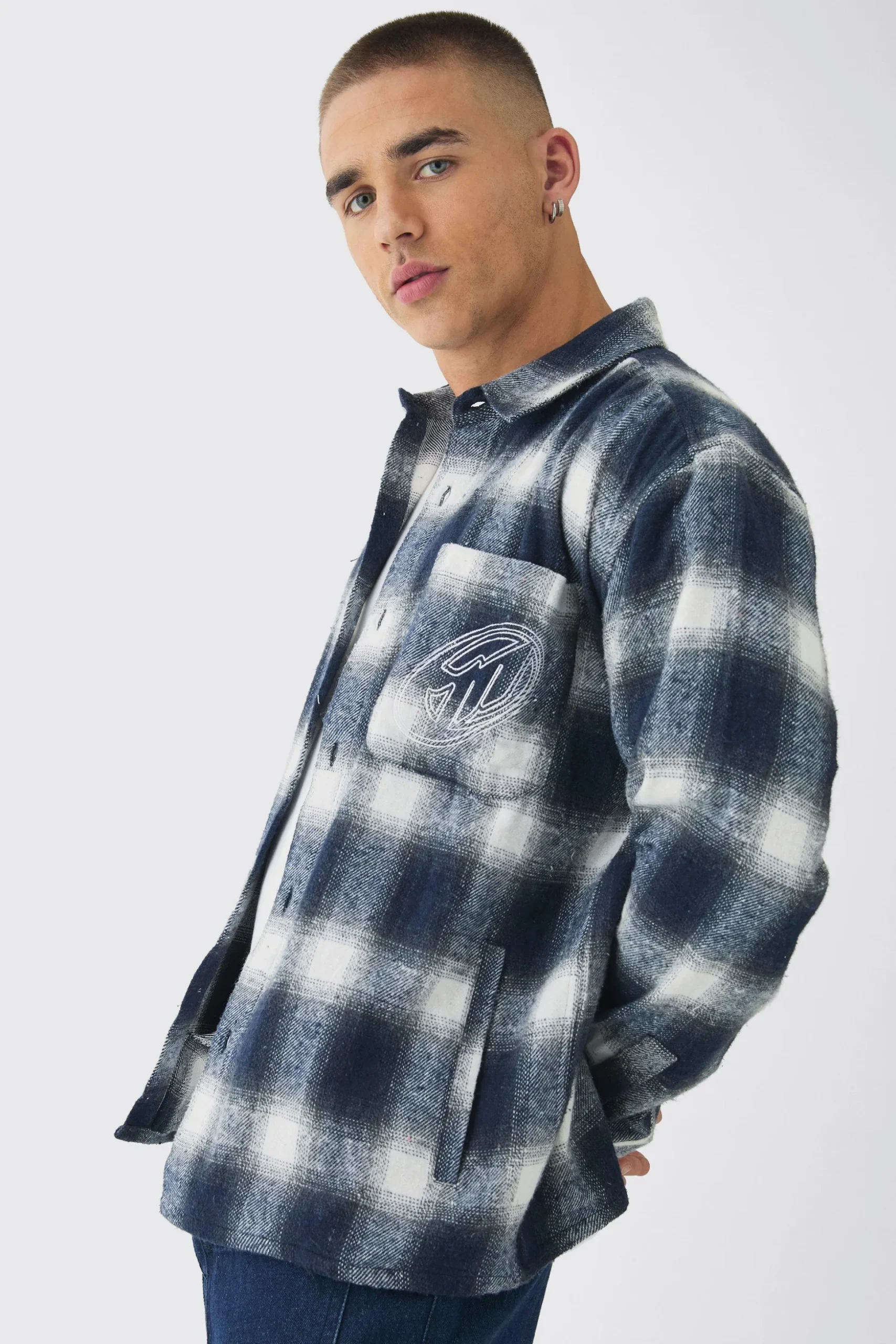 Oversized Pocket Detail Check Overshirt | BoohooMAN UK