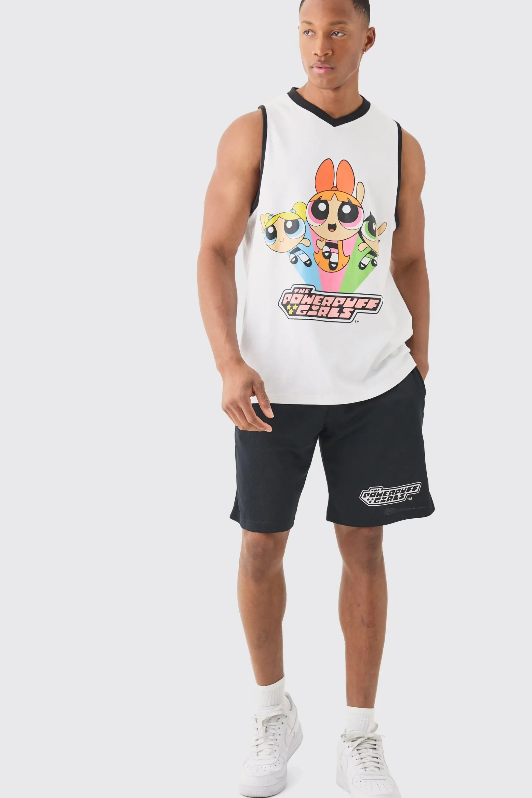 Oversized Powerpuff Girls License Mesh Vest And Short Set | BoohooMAN UK
