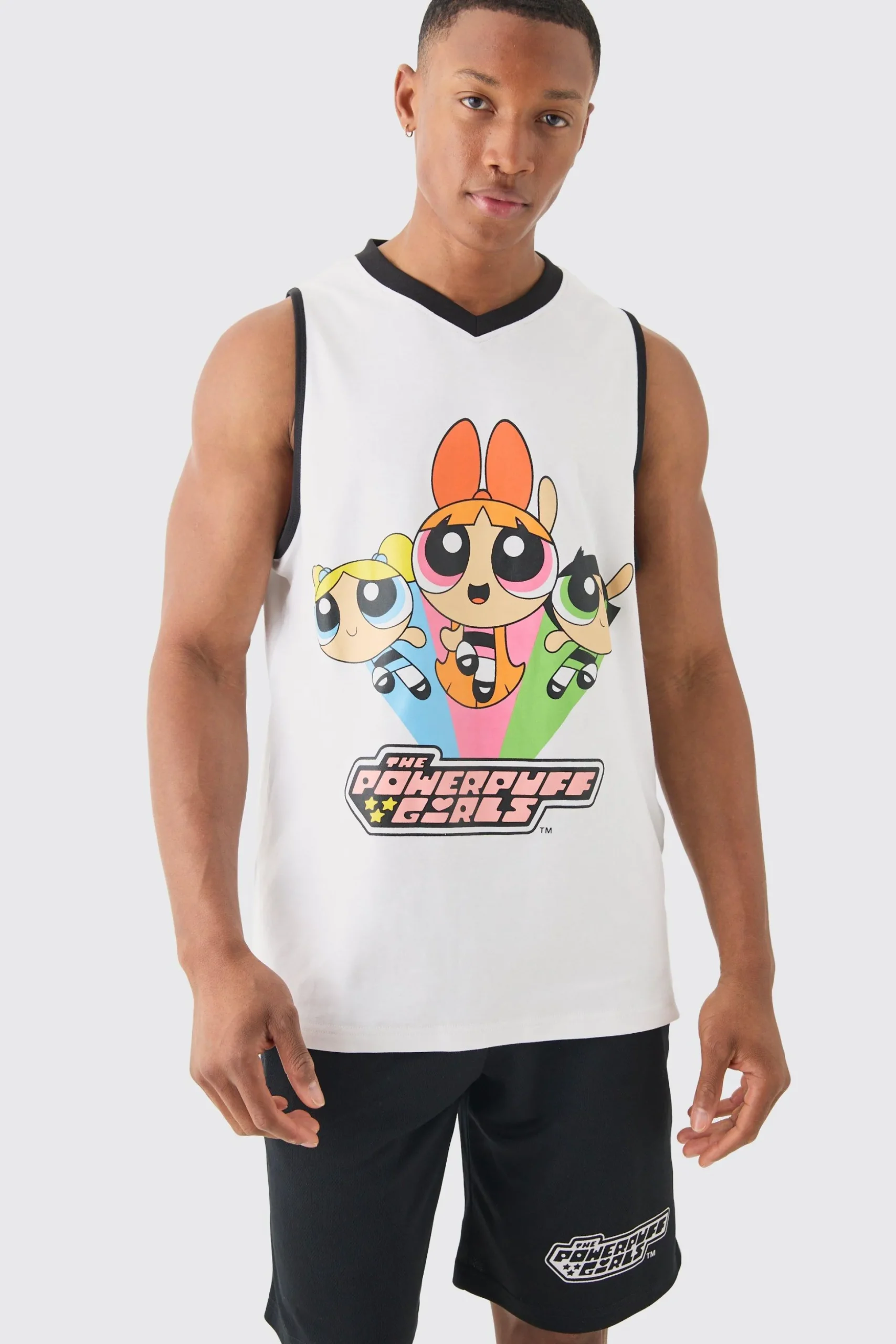 Oversized Powerpuff Girls License Mesh Vest And Short Set | BoohooMAN UK