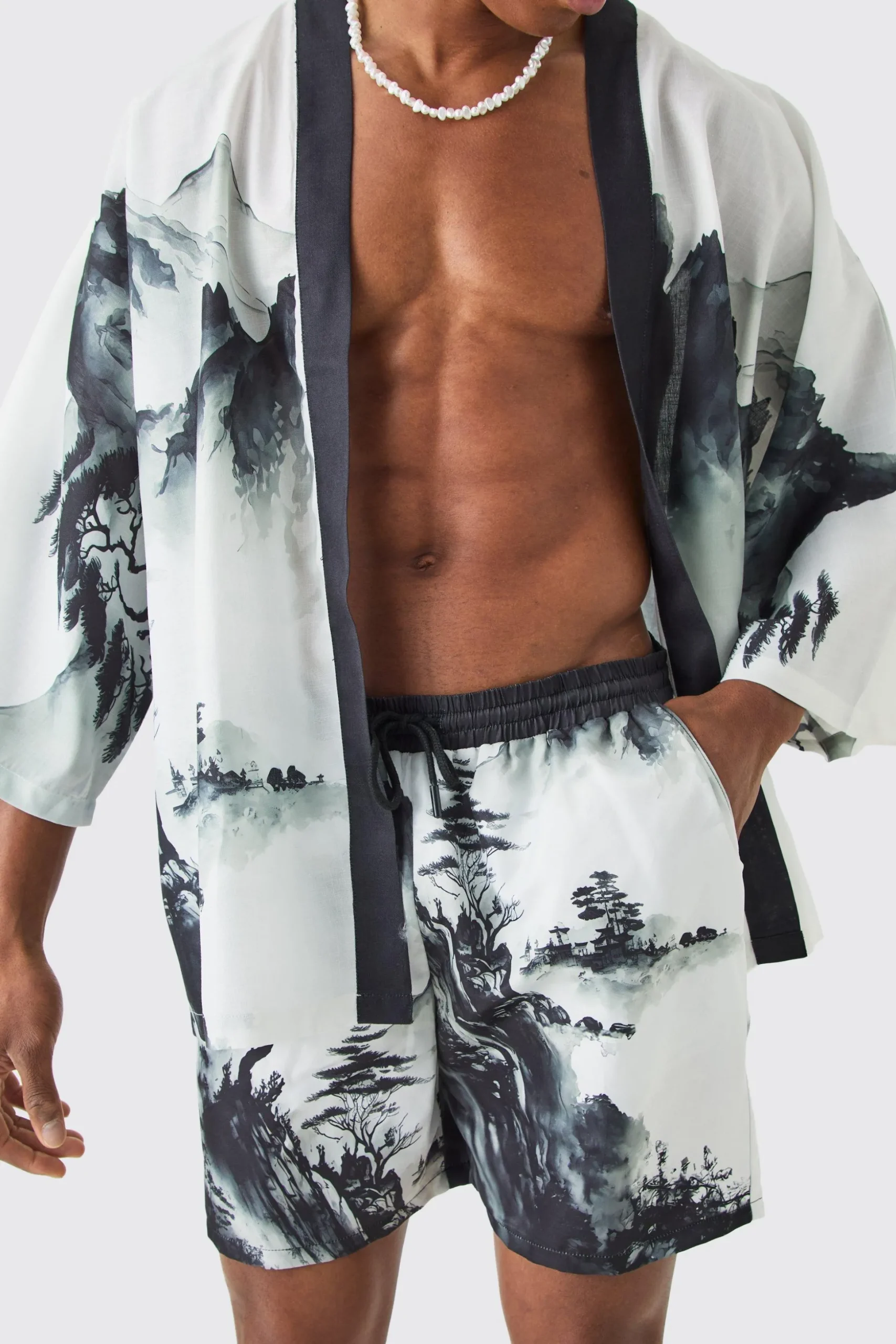 Oversized Printed Kimono Shirt And Swim Short Set | BoohooMAN UK
