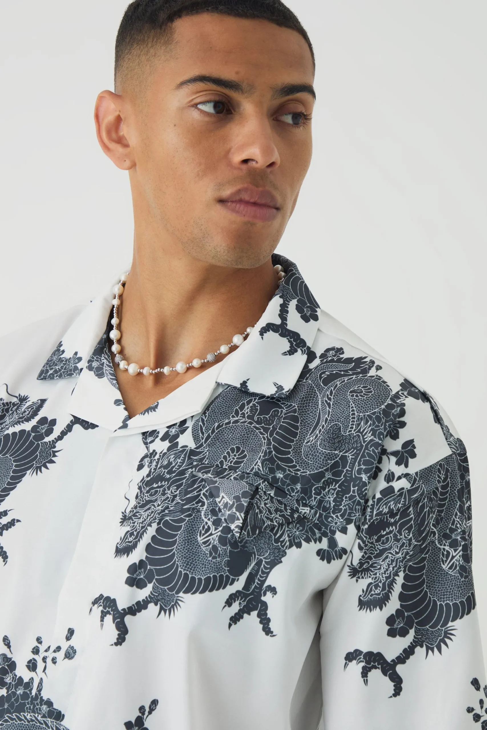 Oversized Printed Satin Revere Triangle Pocket Shirt | BoohooMAN UK