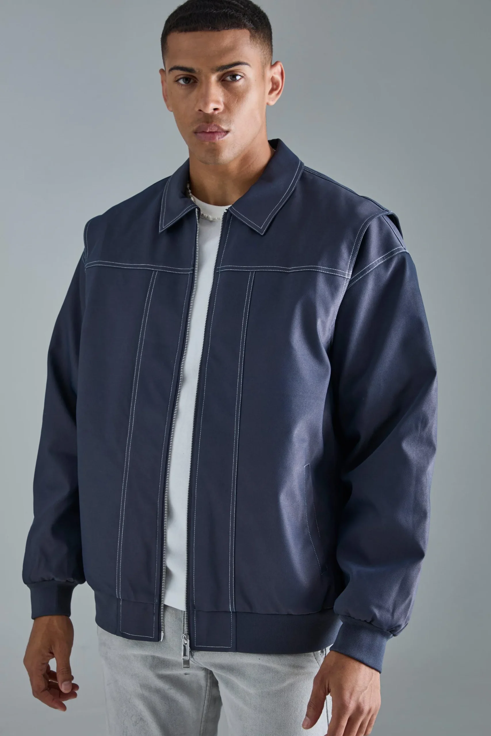 Oversized Pu Panel Detail Bomber In Navy | BoohooMAN UK
