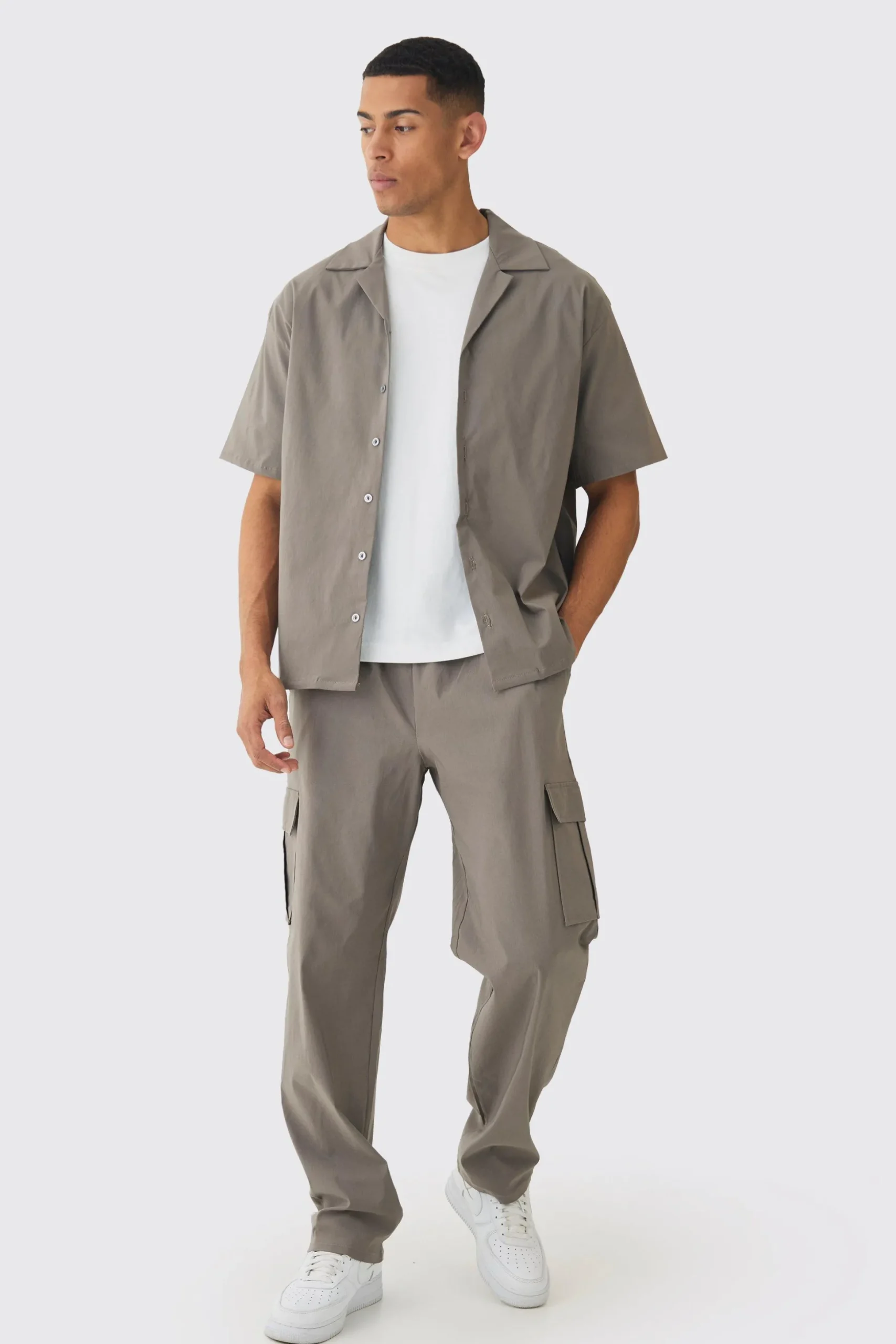 Oversized Revere Bengaline Shirt & Cargo Trouser Set | BoohooMAN UK