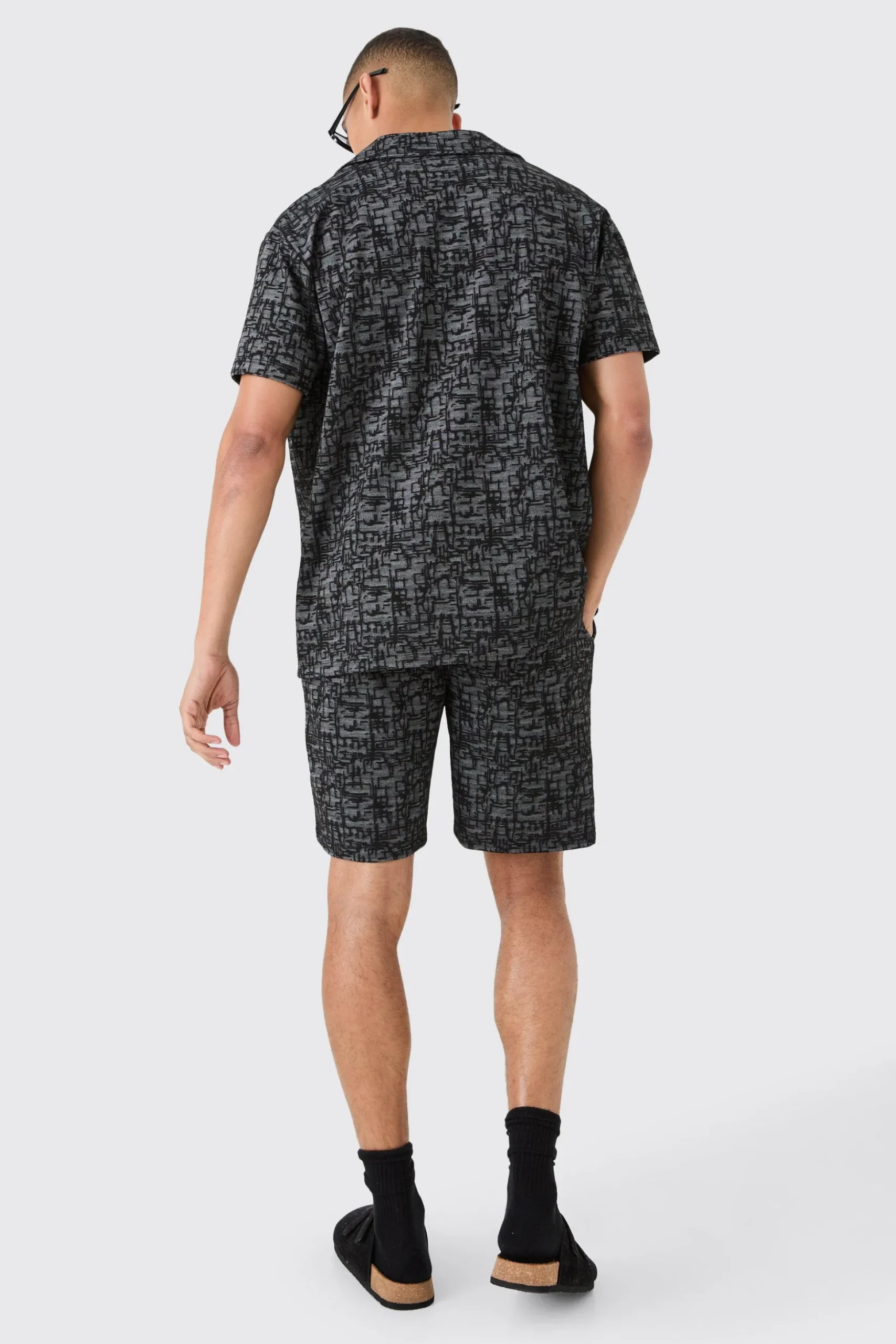 Oversized Revere Jacquard Shirt & Short Set | BoohooMAN UK