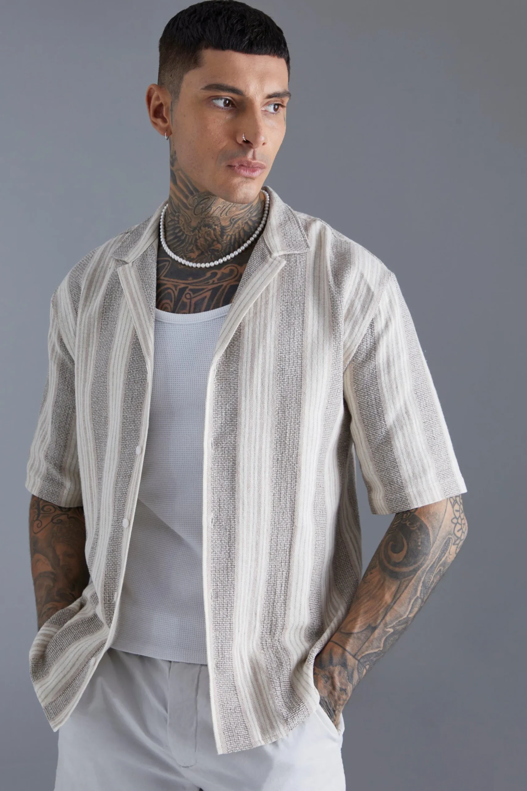 Oversized Revere Linen Look Stripe Shirt | BoohooMAN UK