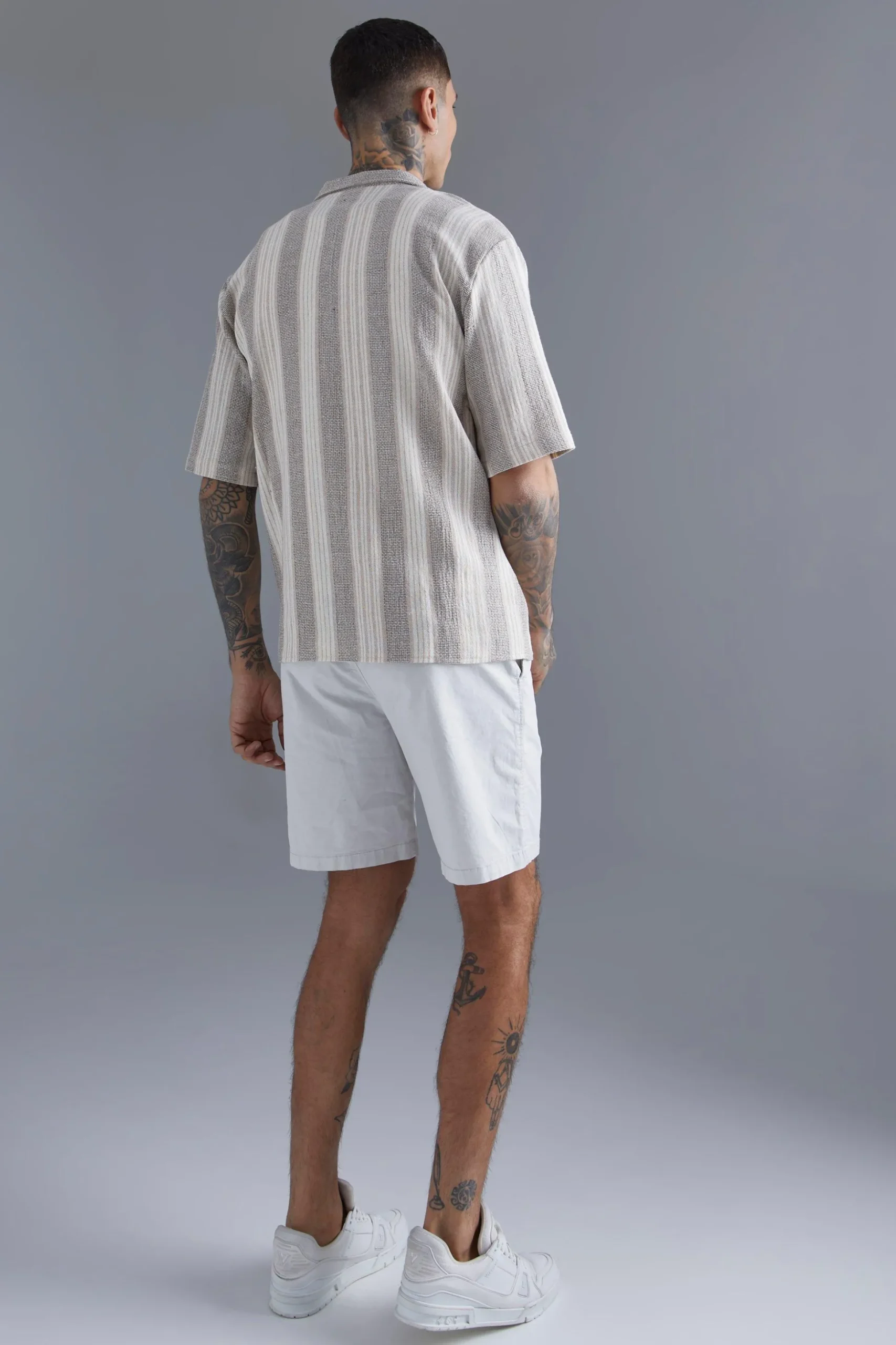 Oversized Revere Linen Look Stripe Shirt | BoohooMAN UK