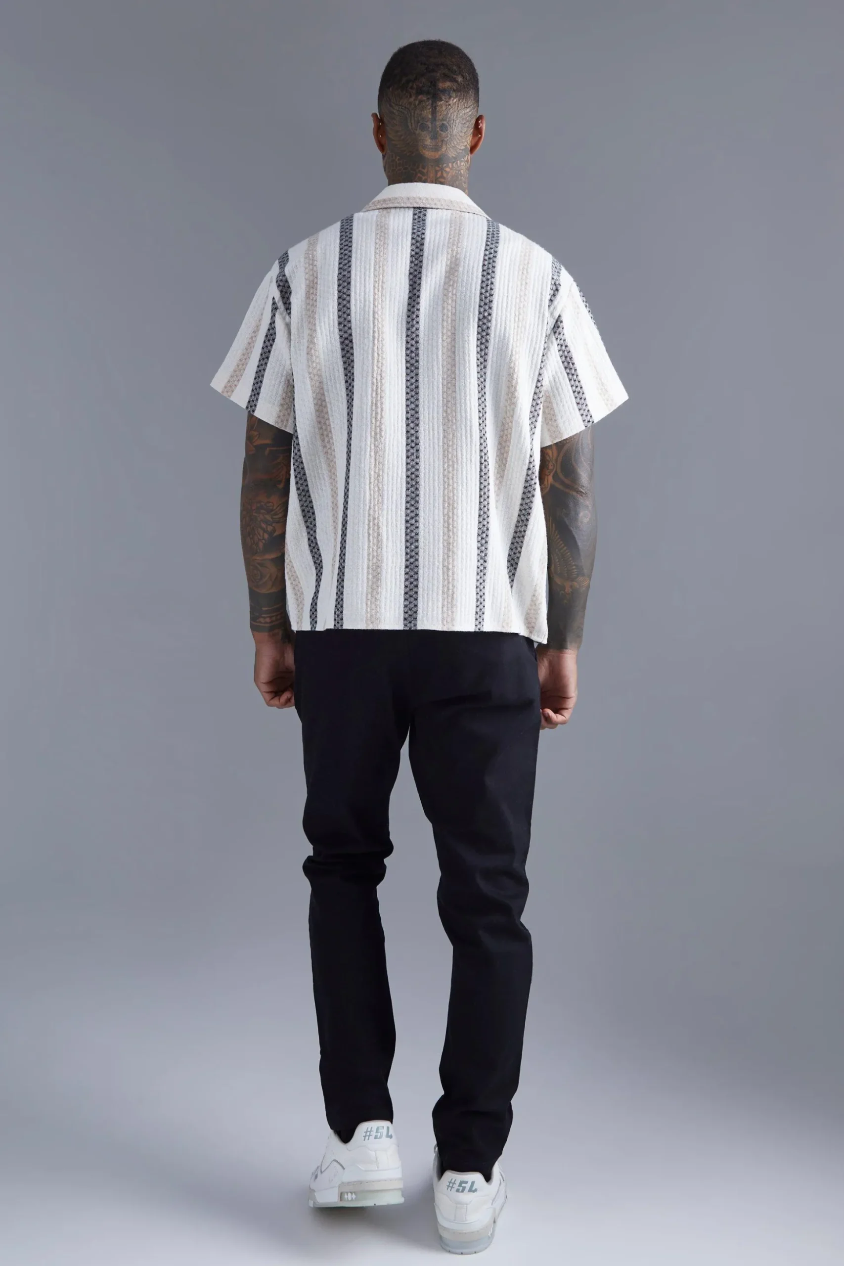 Oversized Revere Linen Look Stripe Shirt | BoohooMAN UK