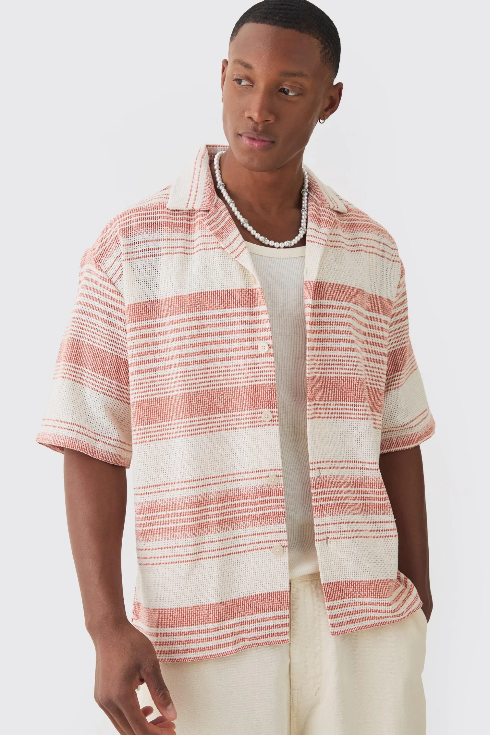 Oversized Revere Short Sleeve Stripe Shirt | BoohooMAN UK