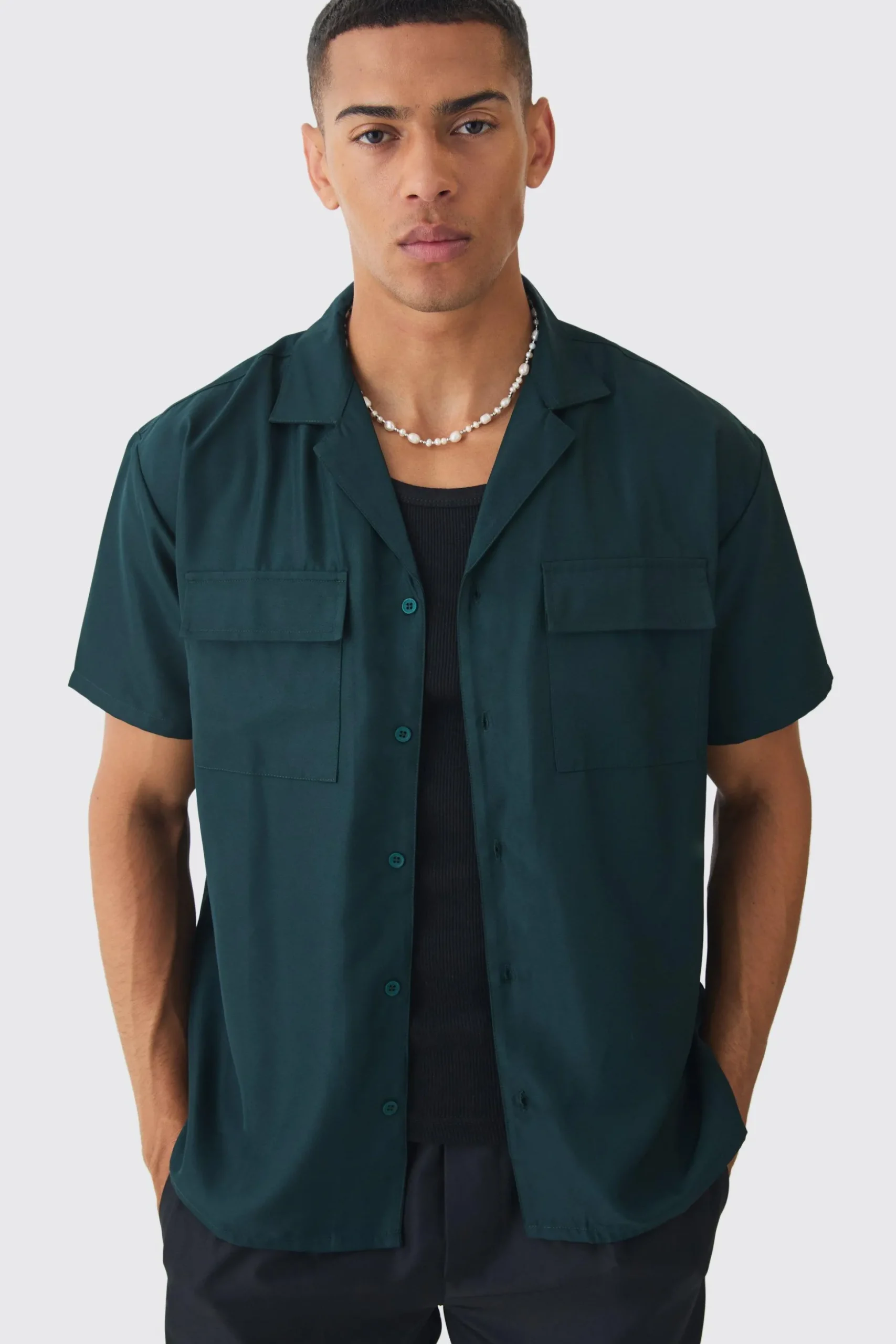 Oversized Revere Soft Twill Cargo Pocket Shirt | BoohooMAN UK