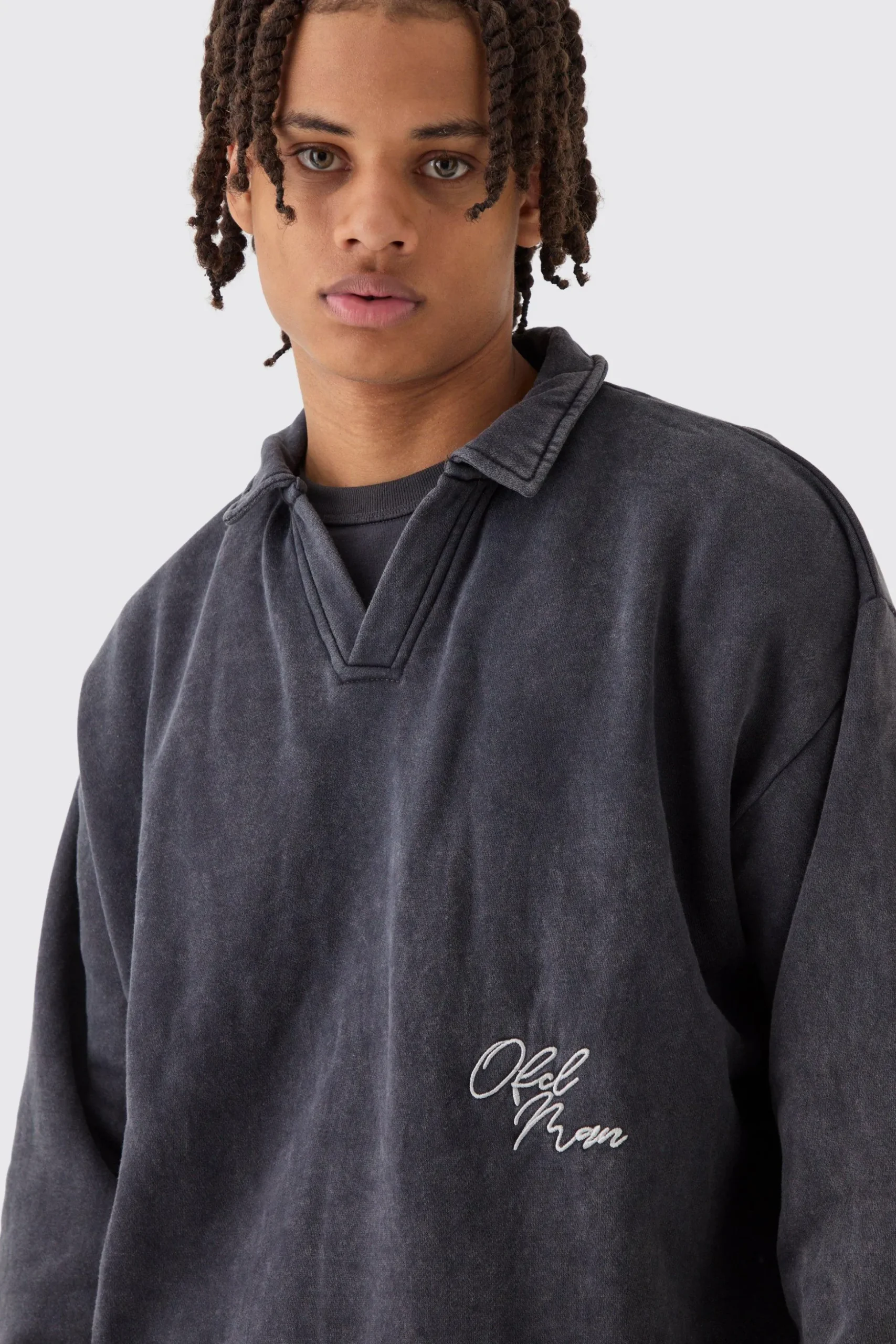 Oversized Revere Washed Embroidered Rugby Sweatshirt Polo | BoohooMAN UK