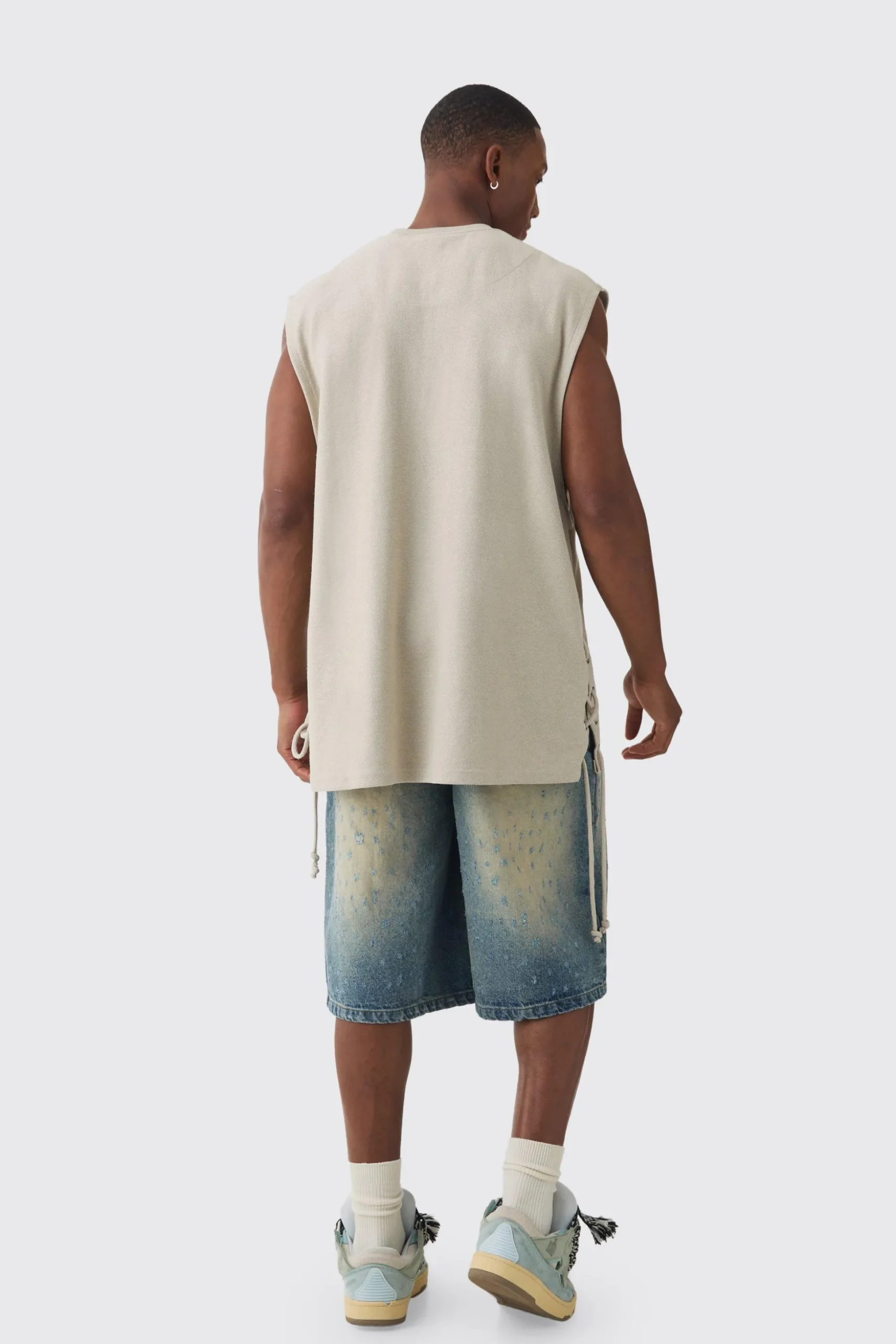 Oversized Reverse Loopback Lace Up Tank | BoohooMAN UK