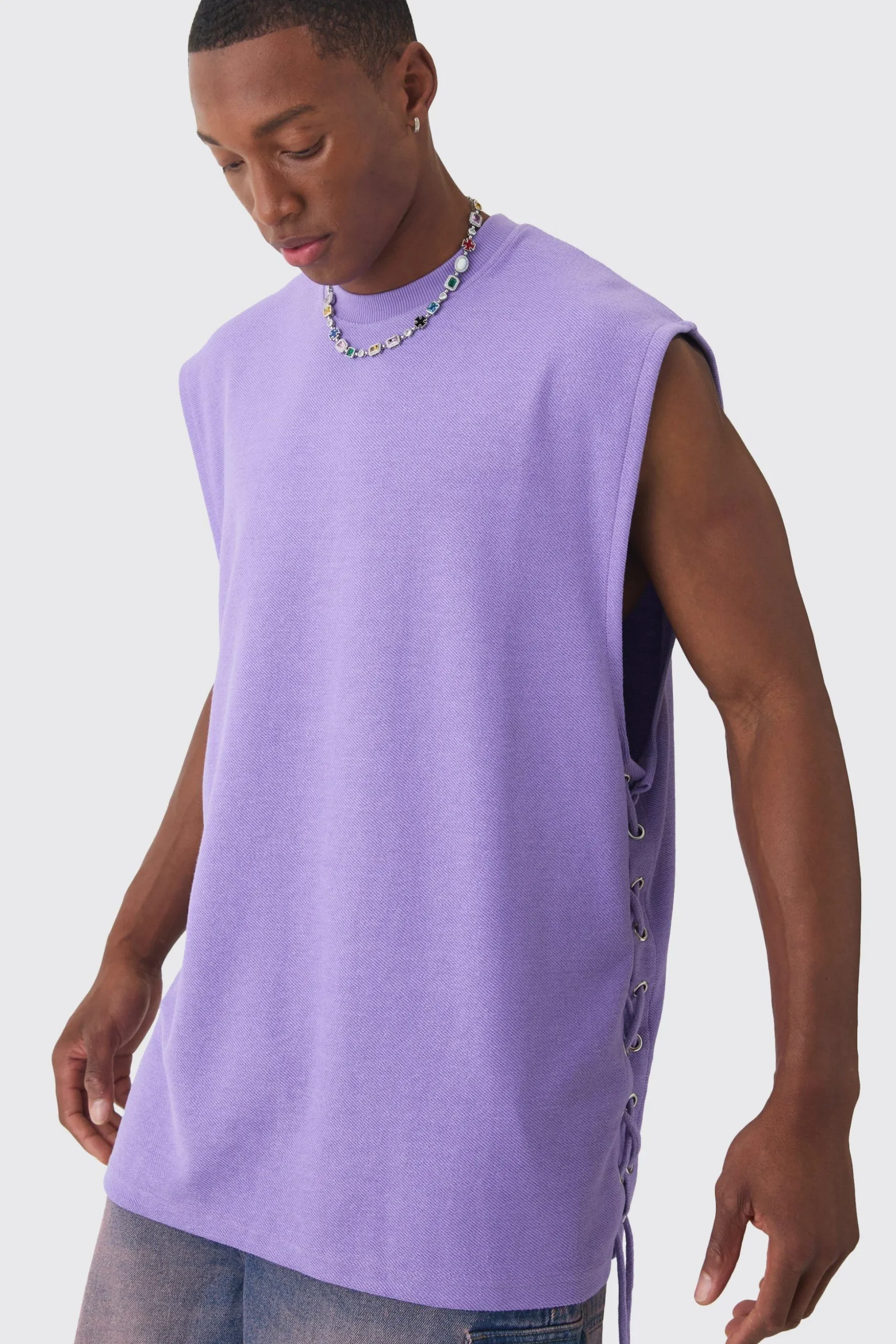Oversized Reverse Loopback Lace Up Tank | BoohooMAN UK
