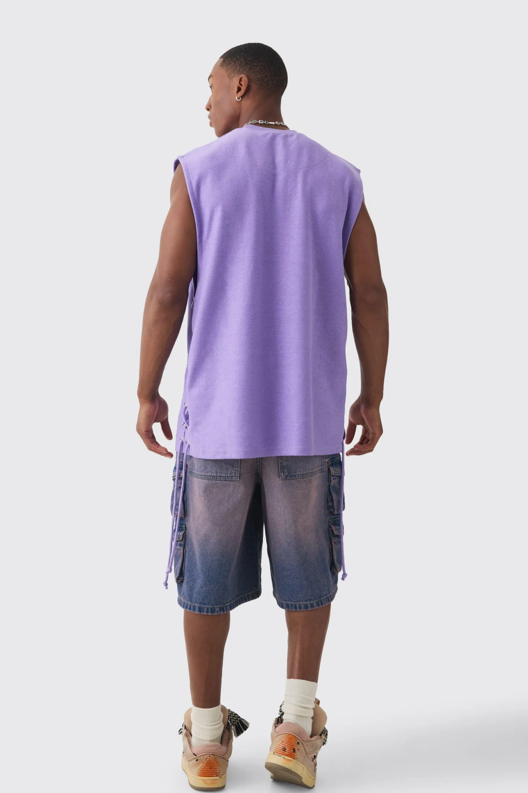 Oversized Reverse Loopback Lace Up Tank | BoohooMAN UK