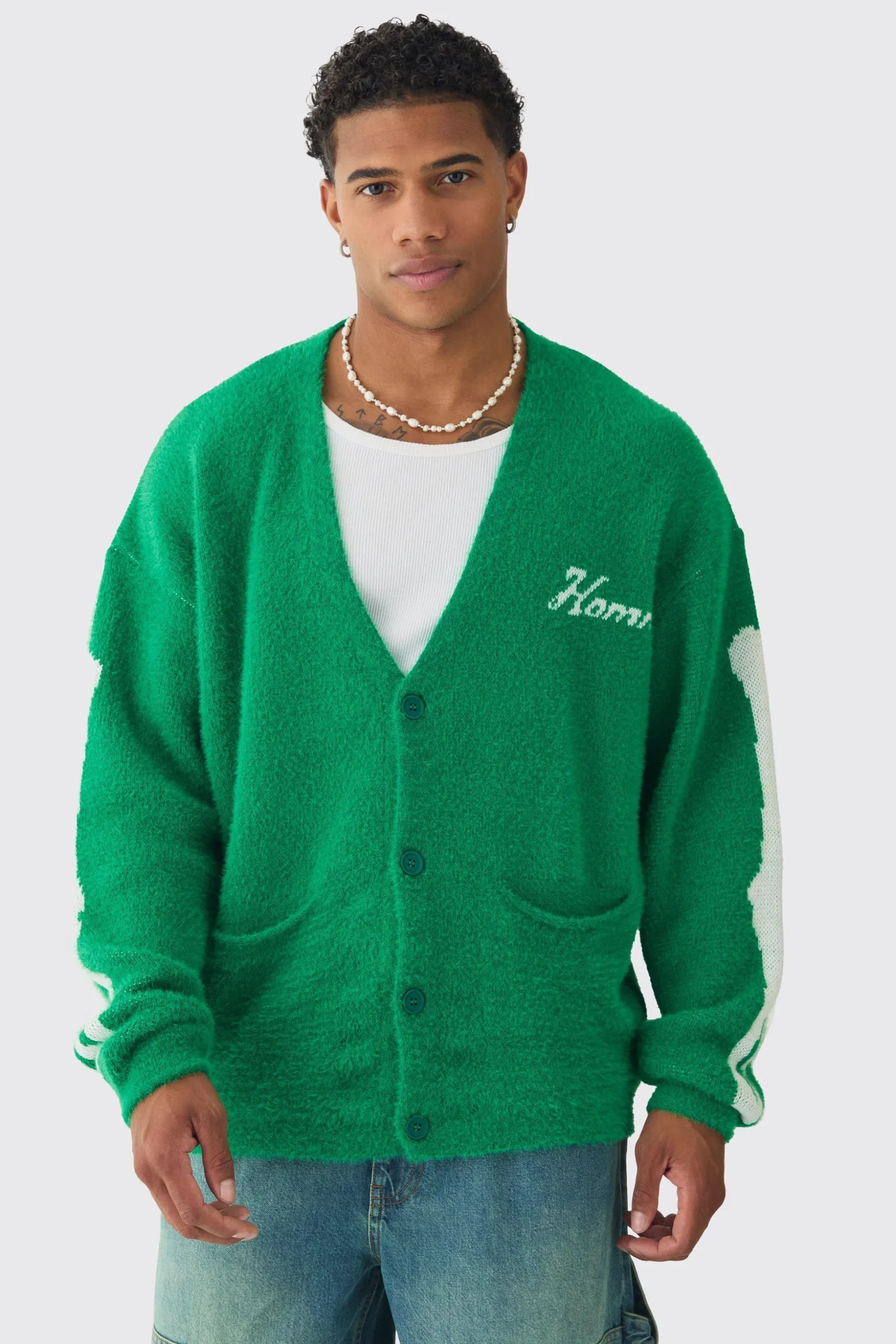 Oversized Ribcage Intarsia Fluffy Knit Cardigan In Green | BoohooMAN UK