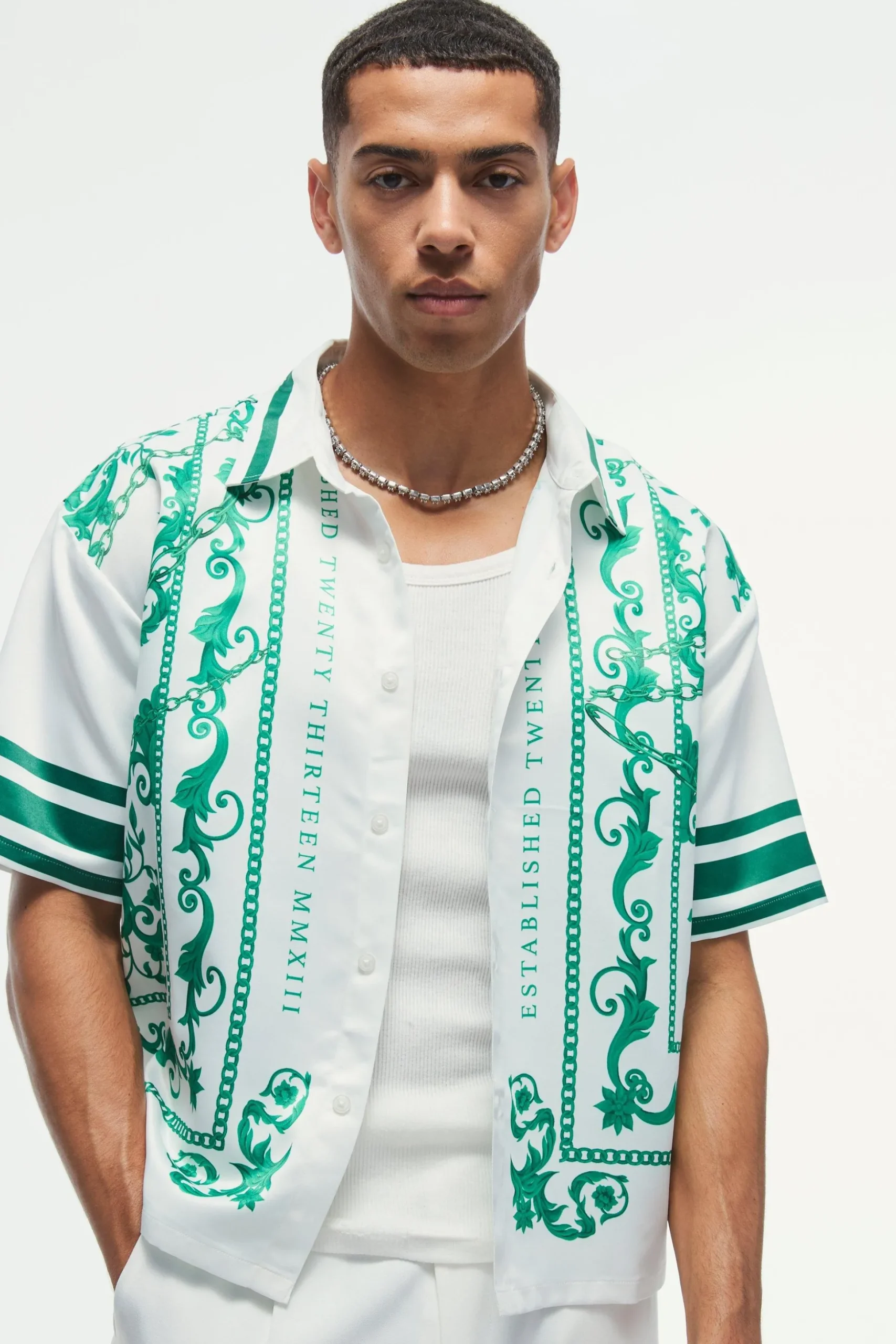 Oversized Satin Border Print Boxy Shirt | BoohooMAN UK