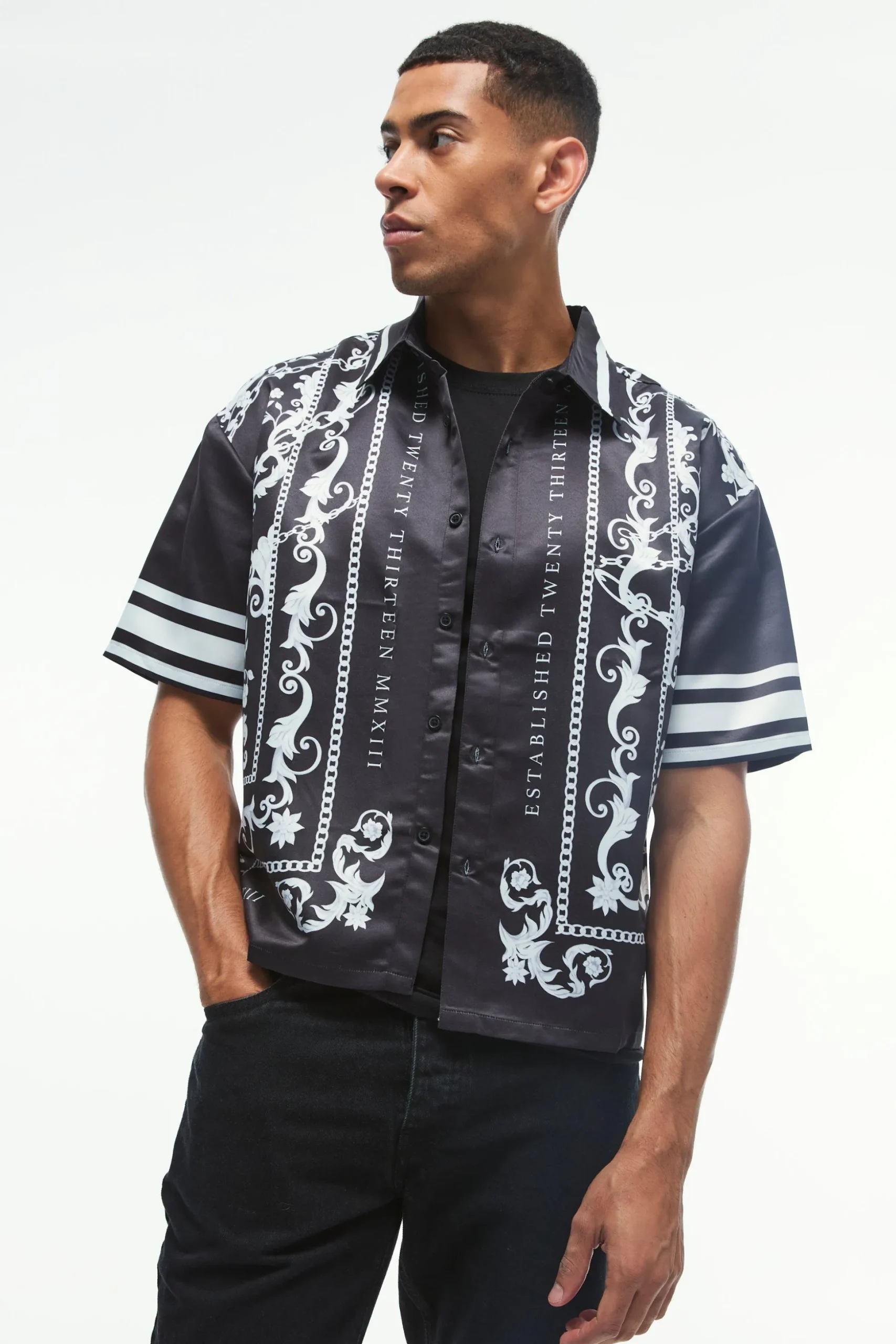Oversized Satin Border Print Boxy Shirt | BoohooMAN UK