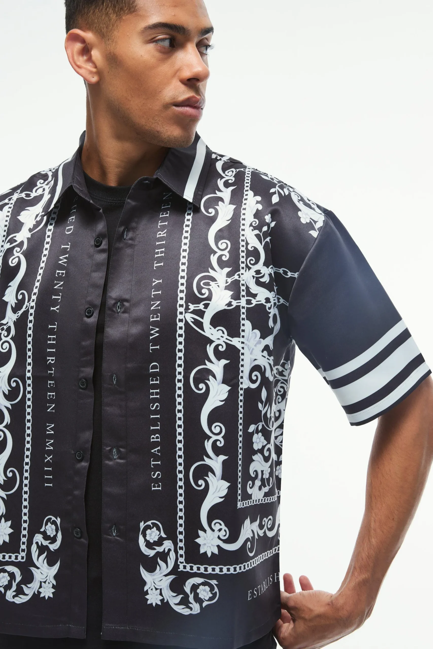 Oversized Satin Border Print Boxy Shirt | BoohooMAN UK