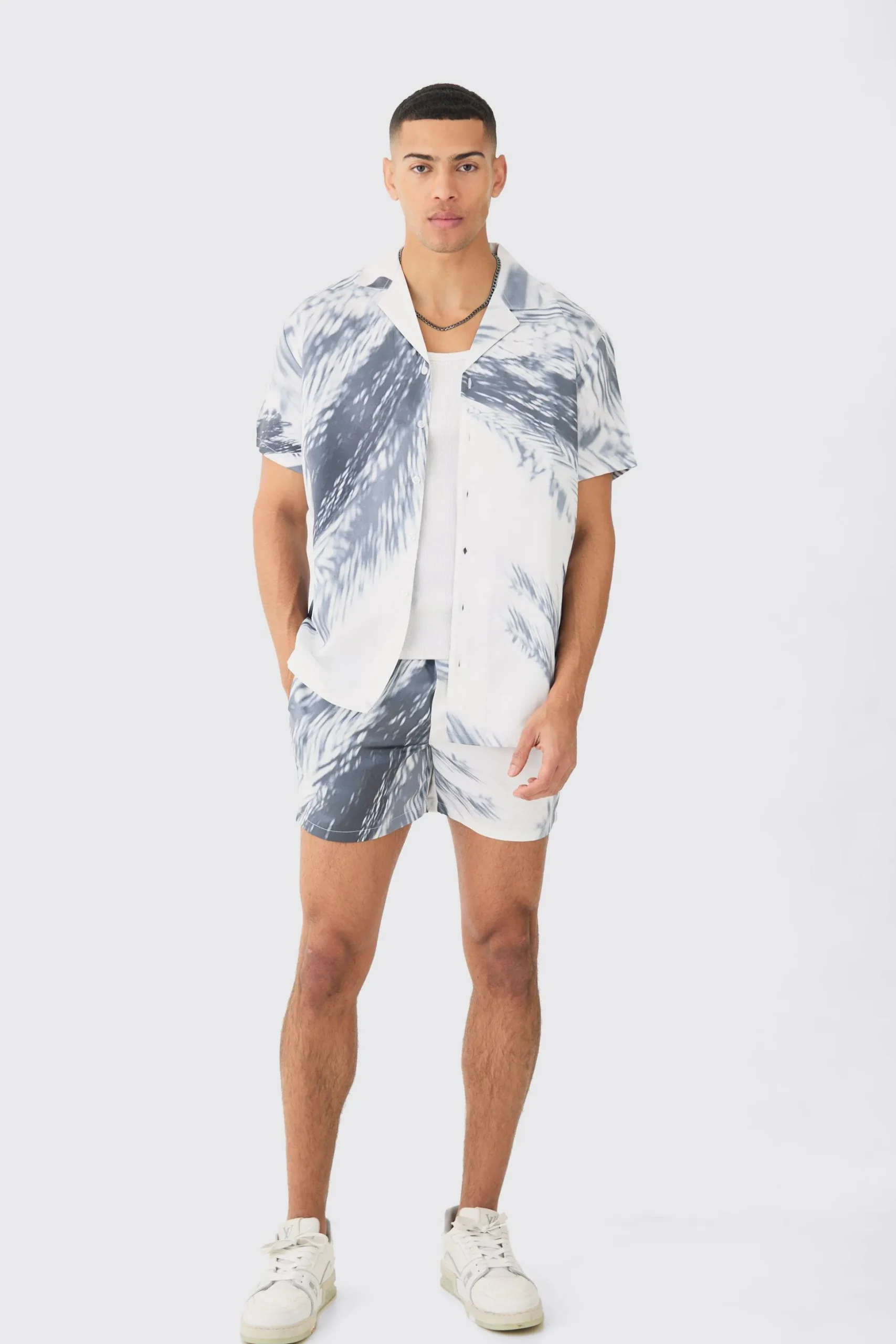 Oversized Satin Branch Print Shirt And Short | BoohooMAN UK