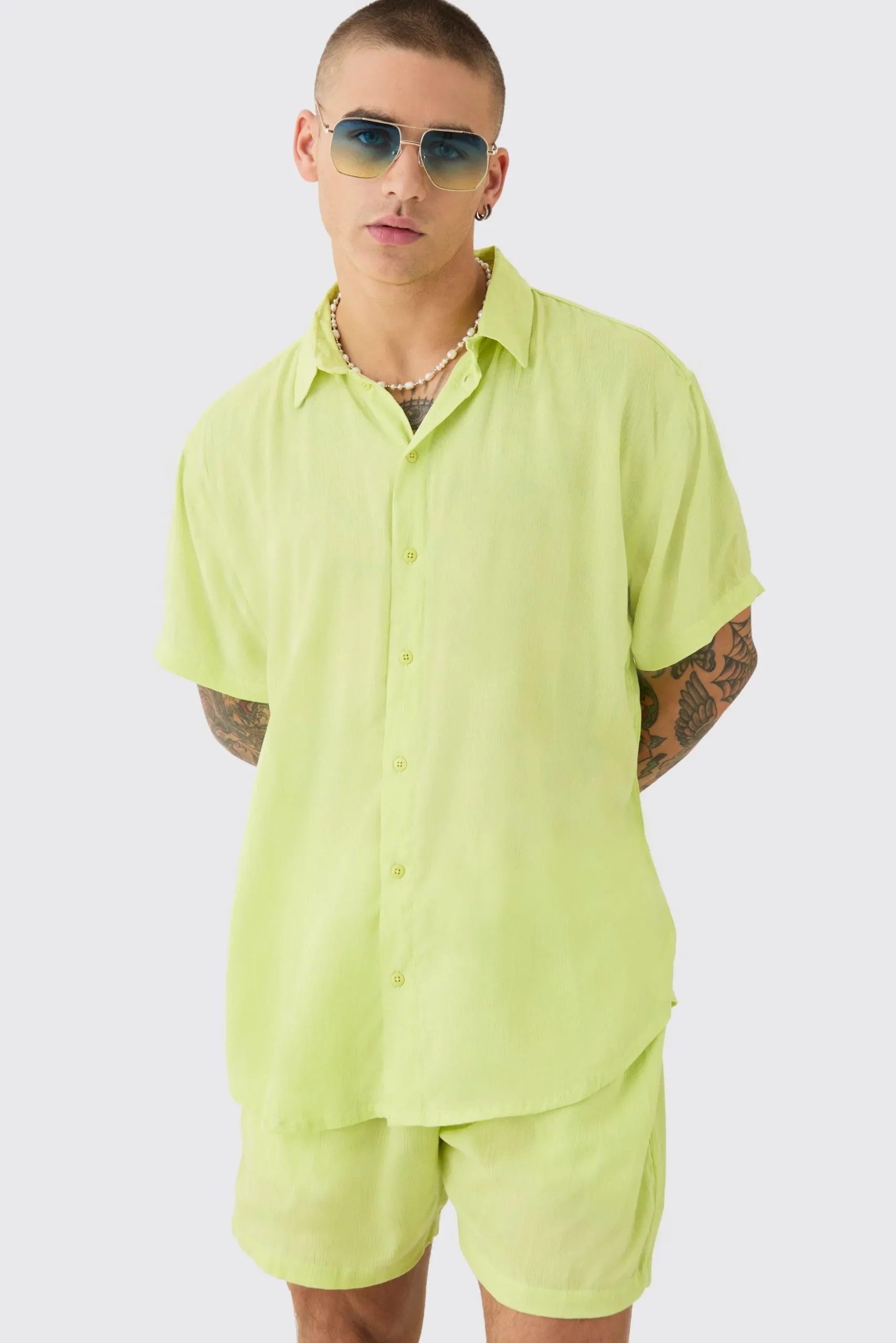 Oversized Short Sleeve Cheese Cloth Shirt And Short Set | BoohooMAN UK