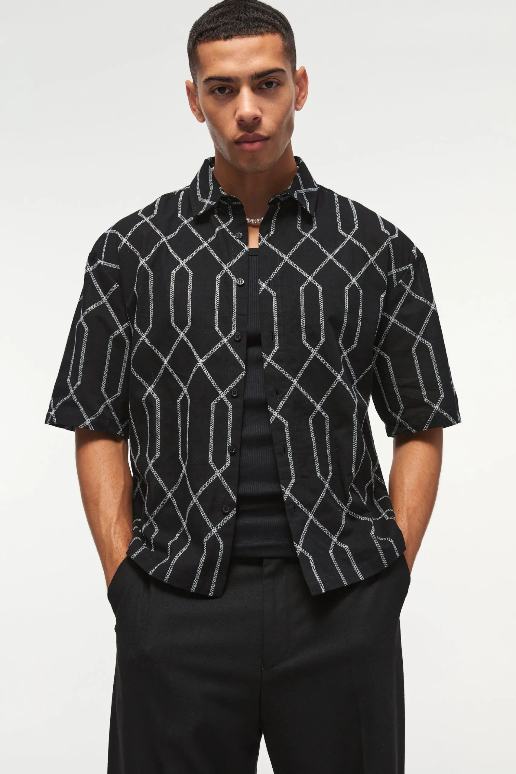 Oversized Short Sleeve Embroidered Boxy Shirt | BoohooMAN UK