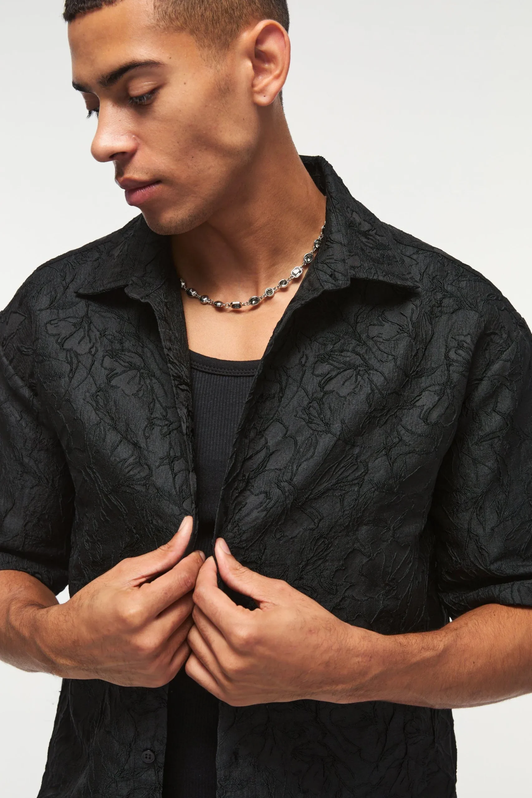 Oversized Short Sleeve Floral Jacquard Shirt | BoohooMAN UK