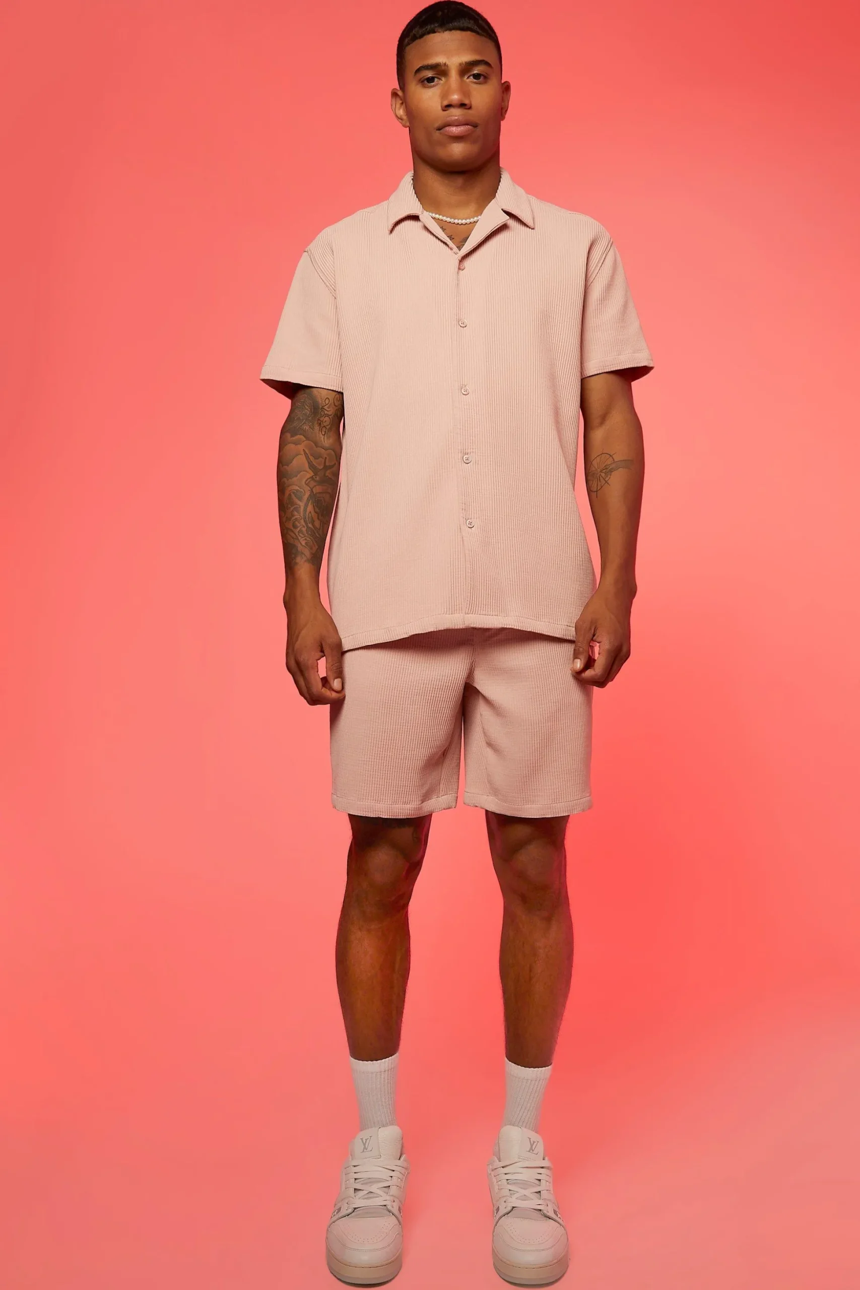 Oversized Short Sleeve Pleated Shirt And Short | BoohooMAN UK