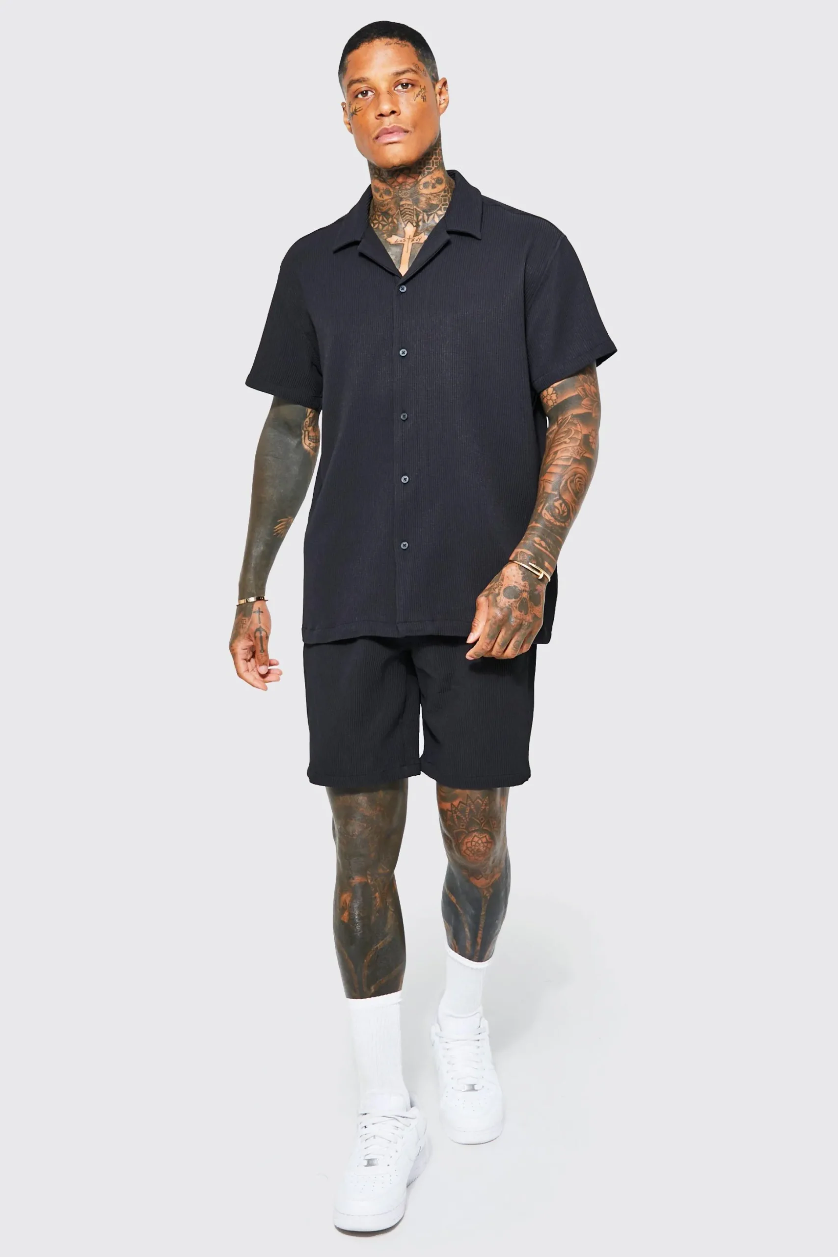 Oversized Short Sleeve Pleated Shirt And Short | BoohooMAN UK