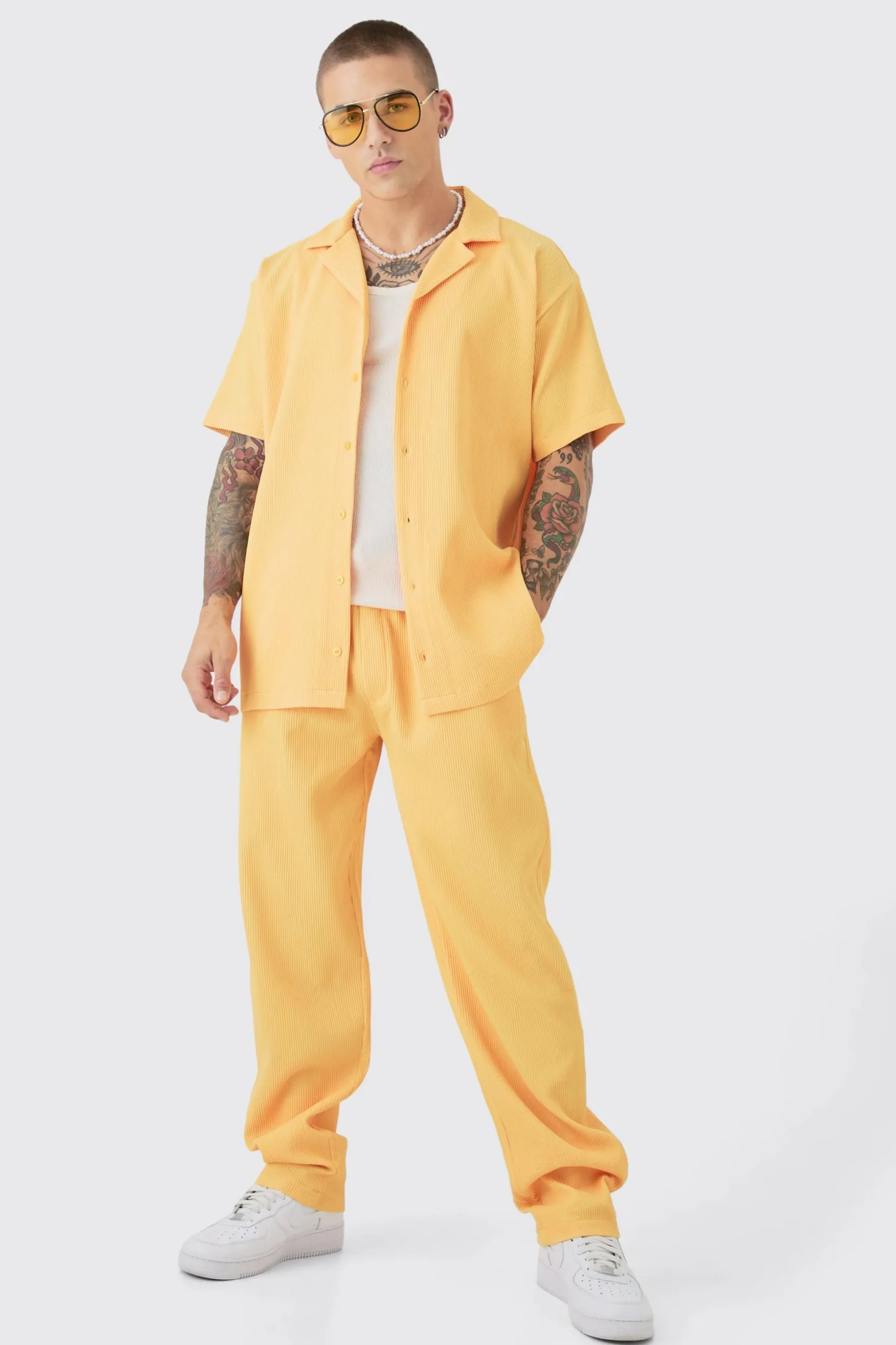 Oversized Short Sleeve Pleated Shirt & Straight Trouser Set | BoohooMAN UK