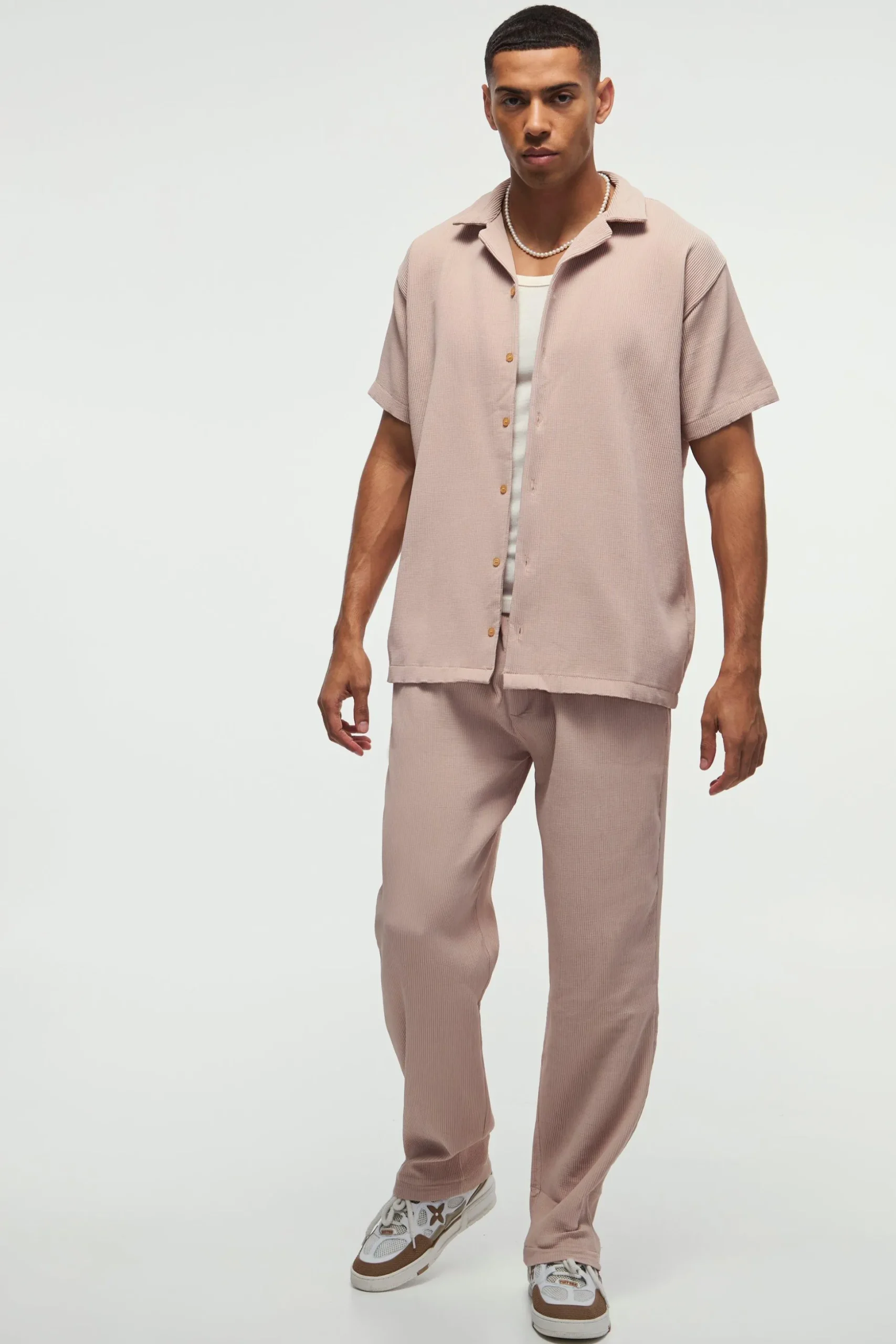 Oversized Short Sleeve Pleated Shirt & Straight Trouser Set | BoohooMAN UK