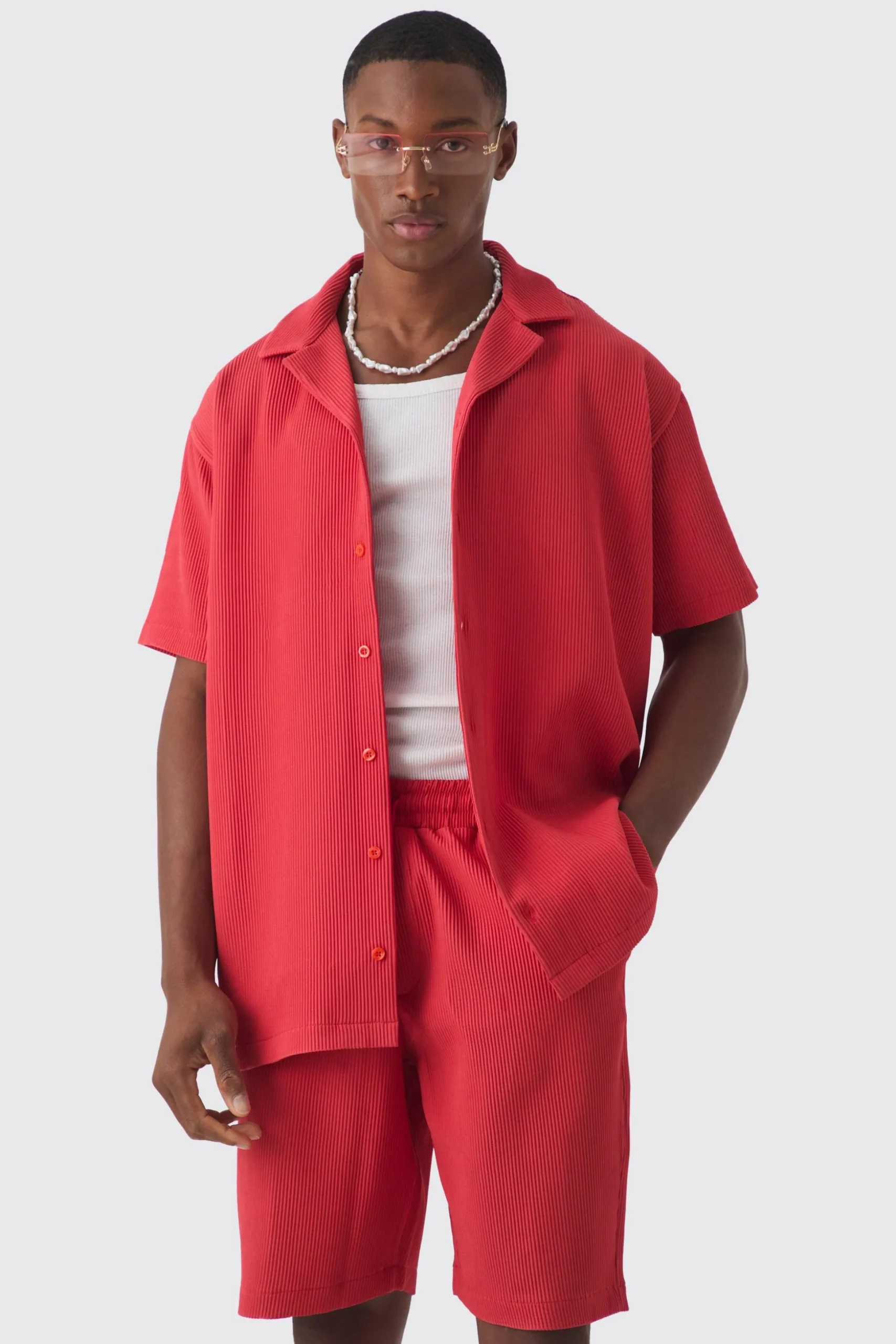 Oversized Short Sleeve Pleated Shirt And Short Set | BoohooMAN UK