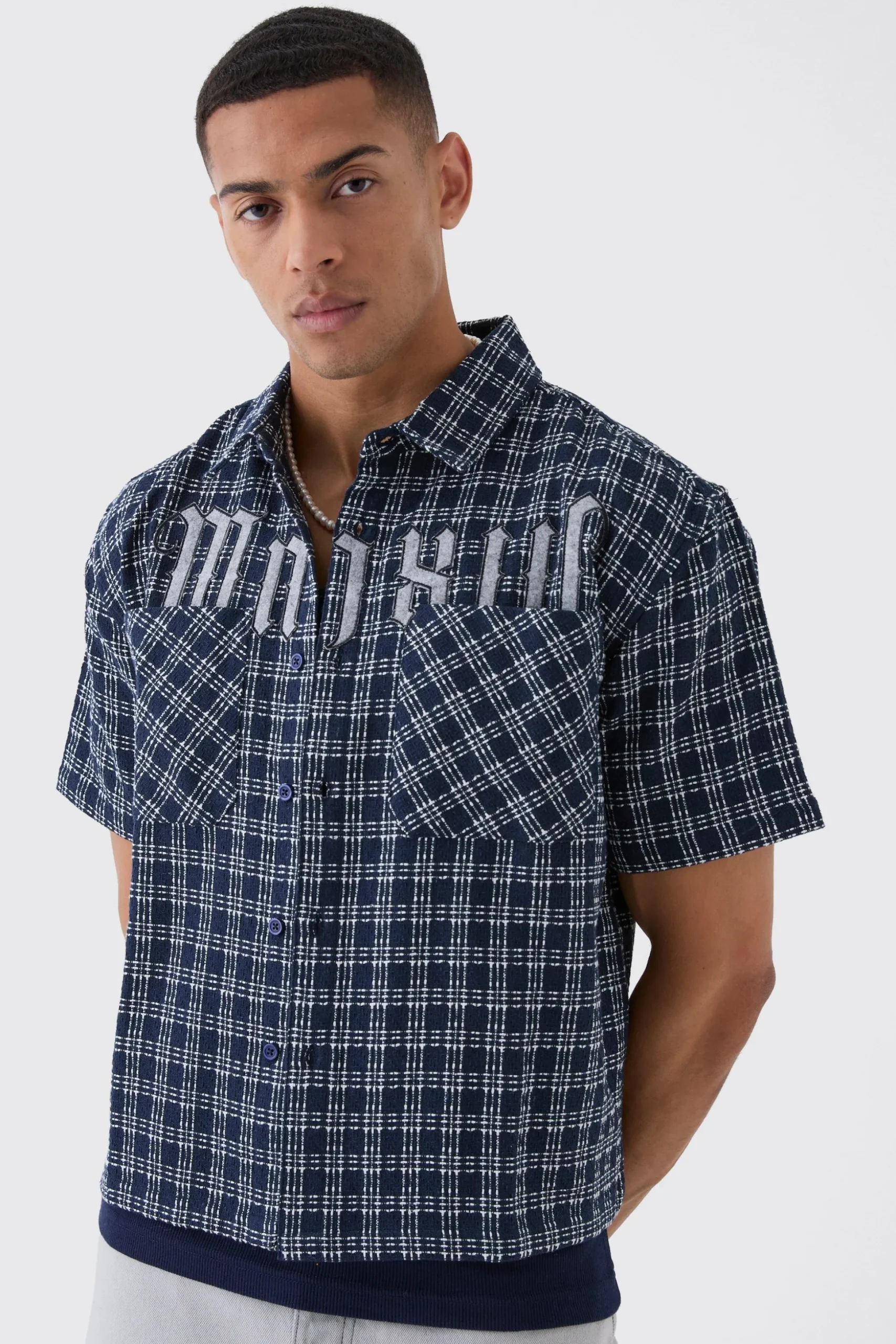 Oversized Small Check Double Pocket Boxy Shirt | BoohooMAN UK