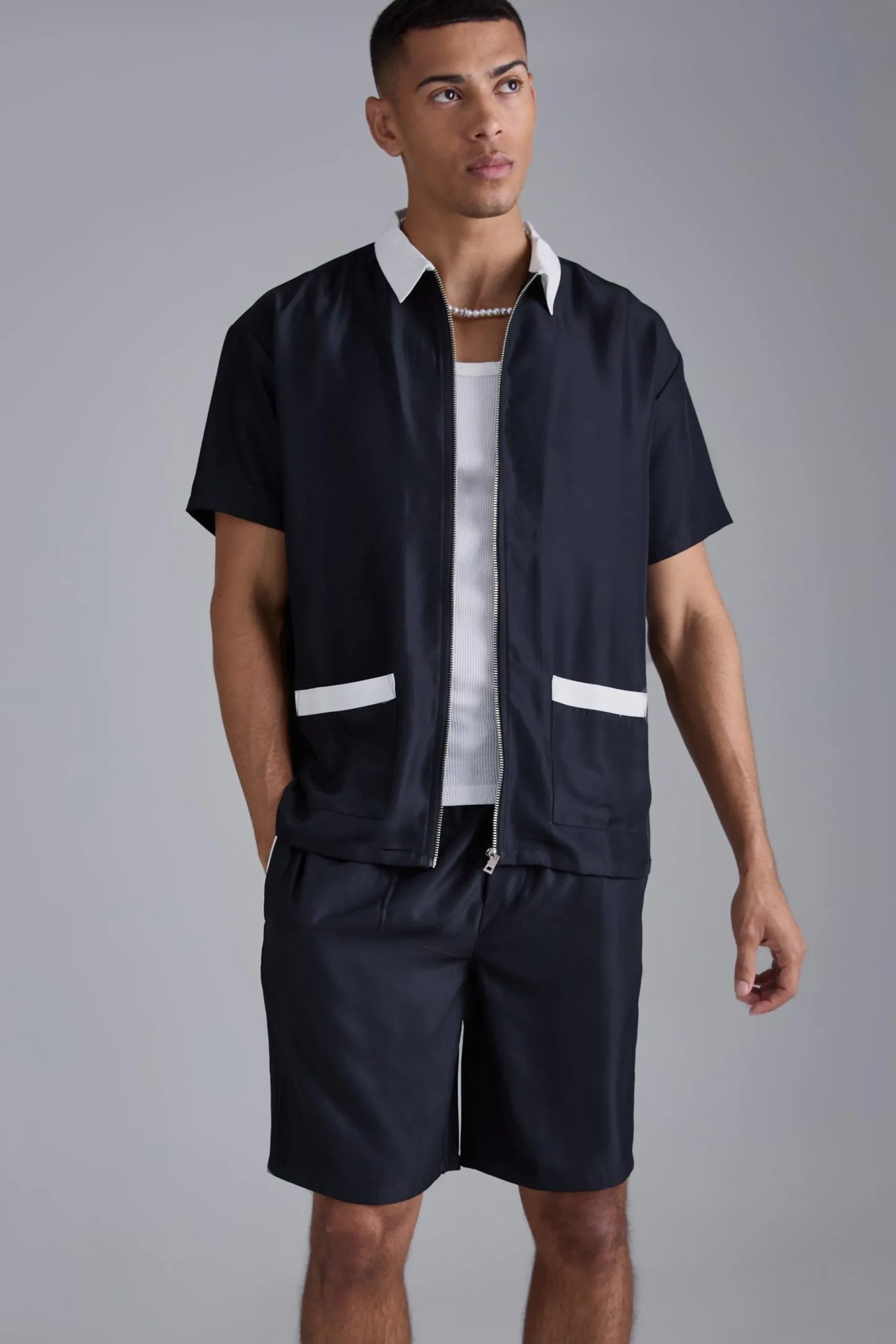 Oversized Soft Twill Contrast Pocket Shirt & Short Set | BoohooMAN UK