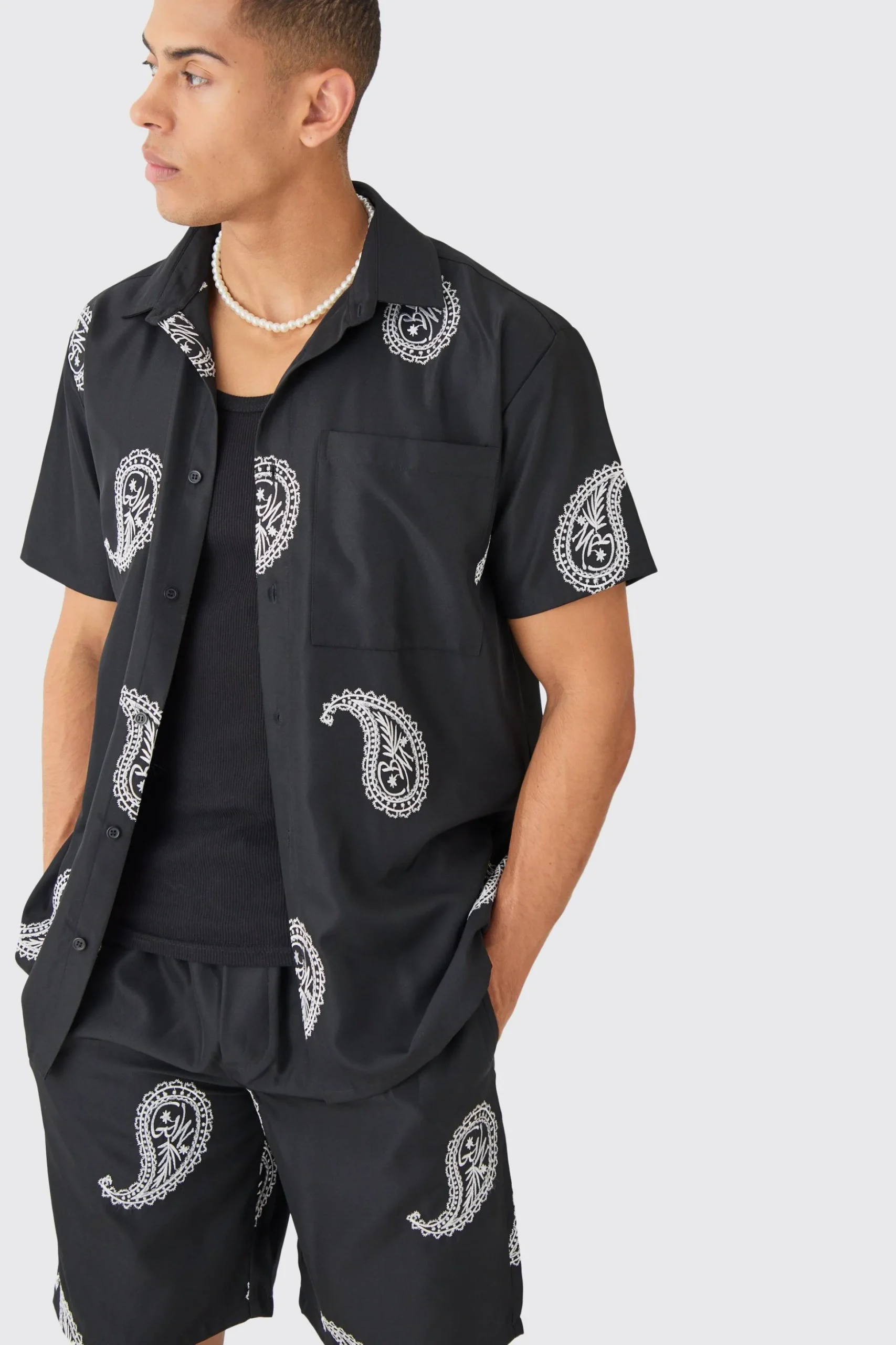 Oversized Soft Twill Paisley Embroidered Shirt And Short | BoohooMAN UK