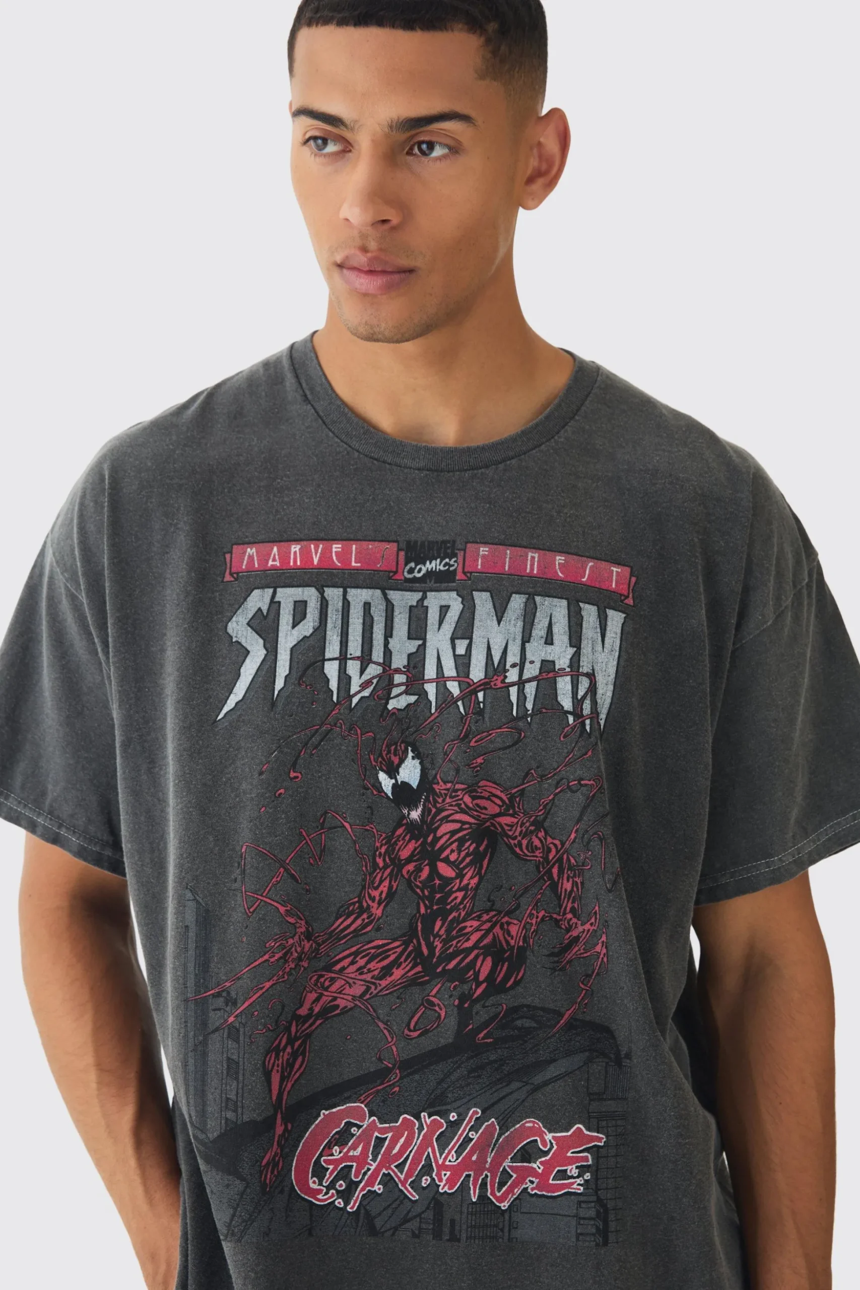 Oversized Spiderman Marvel Wash License Print T-Shirt | BoohooMAN UK