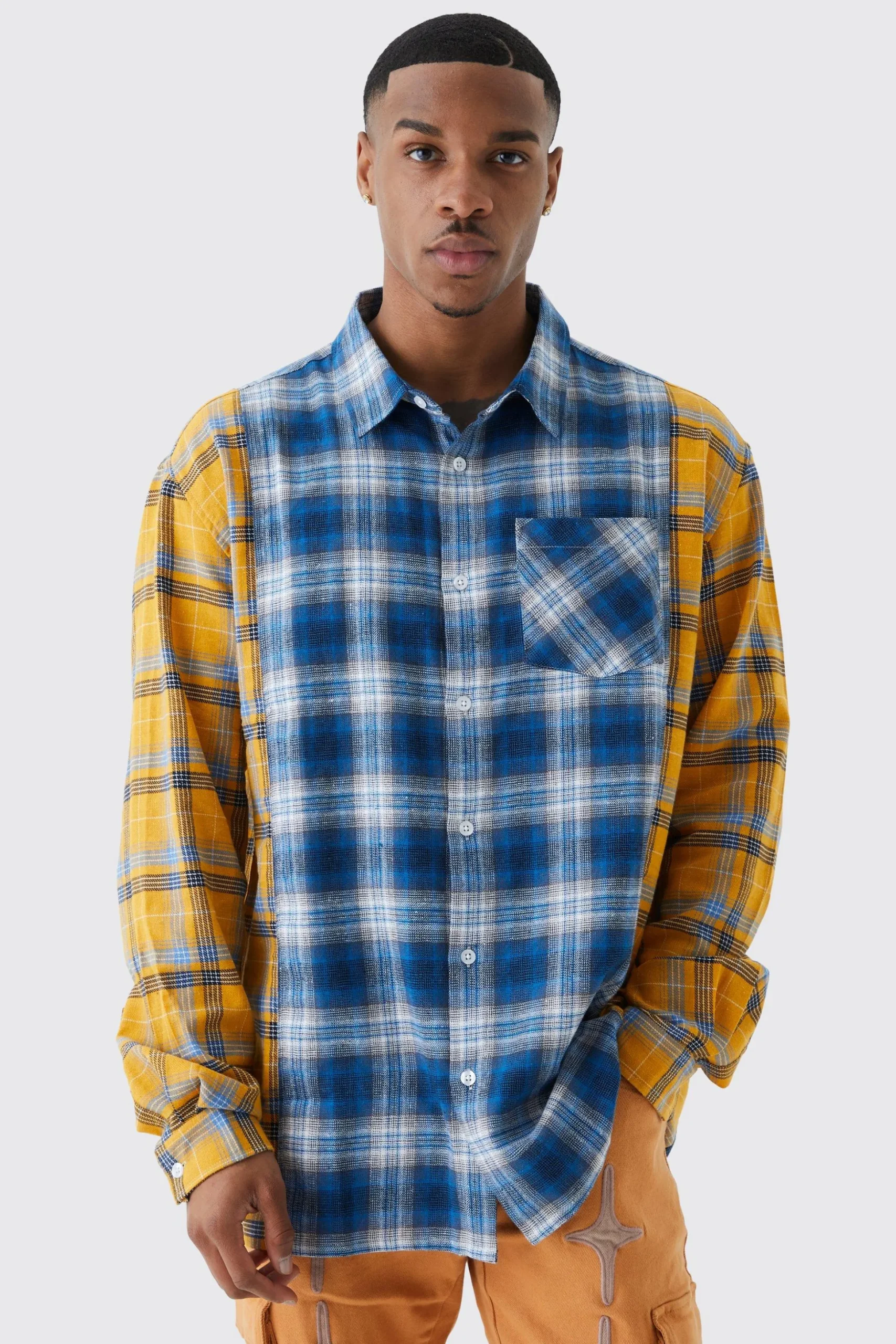 Oversized Spliced Checked Shirt | BoohooMAN UK