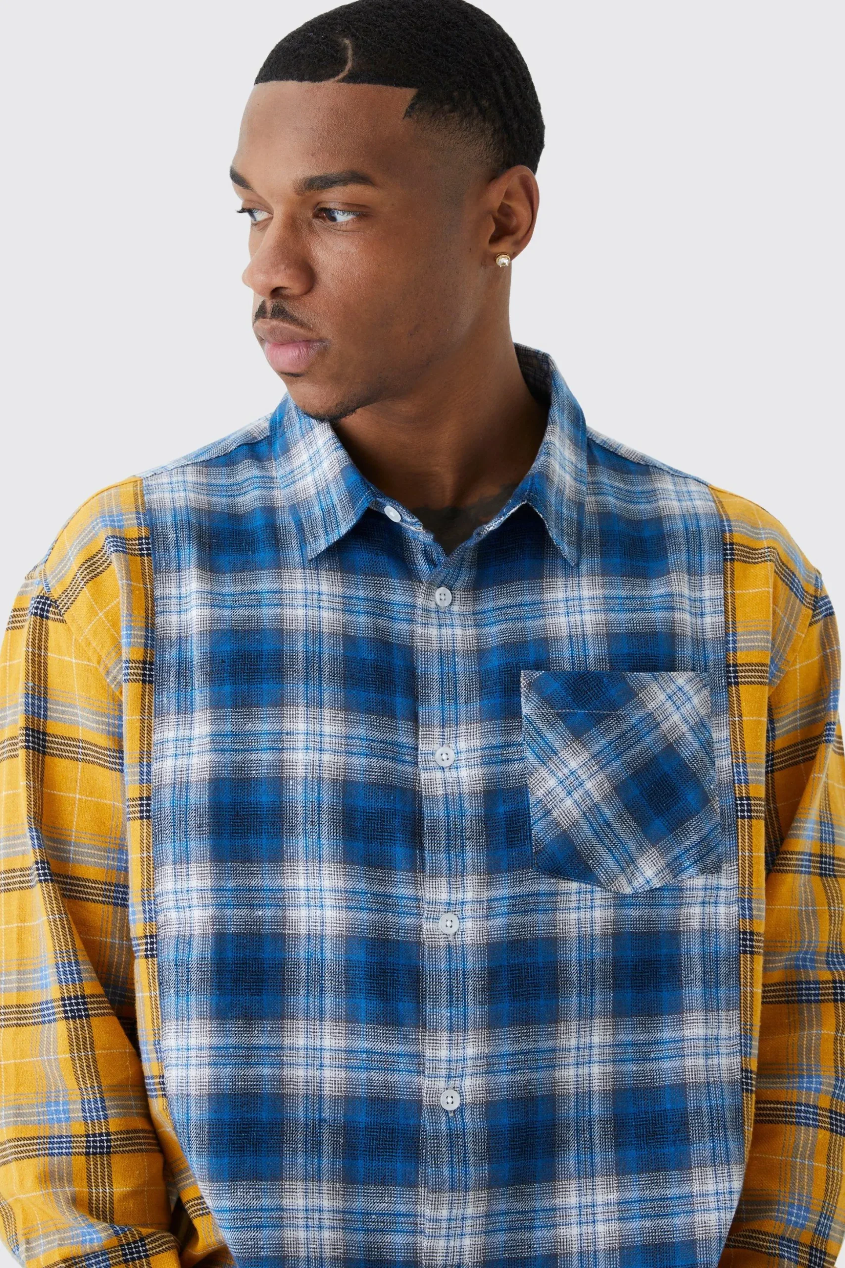 Oversized Spliced Checked Shirt | BoohooMAN UK