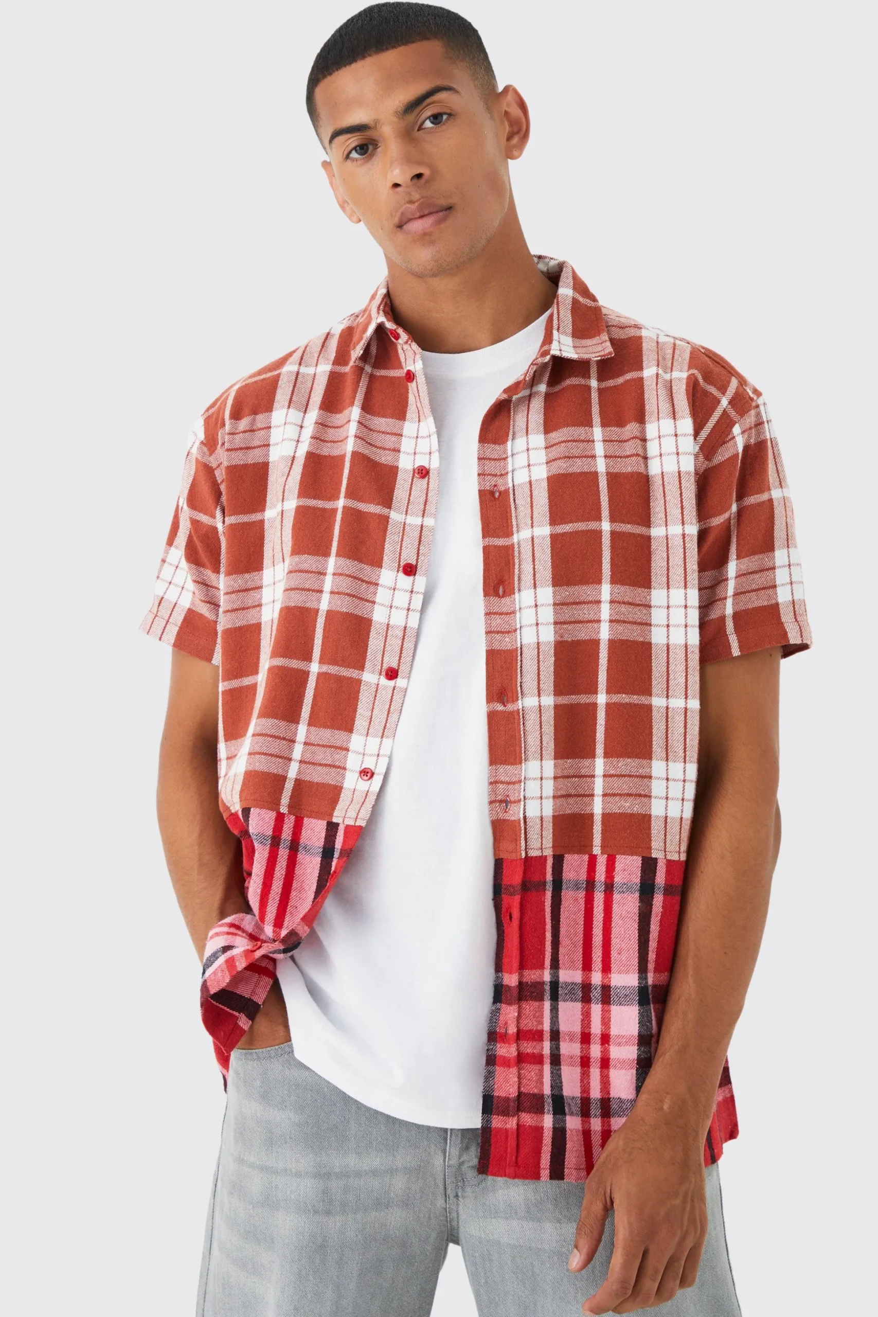 Oversized Spliced Hem Check Shirt | BoohooMAN UK