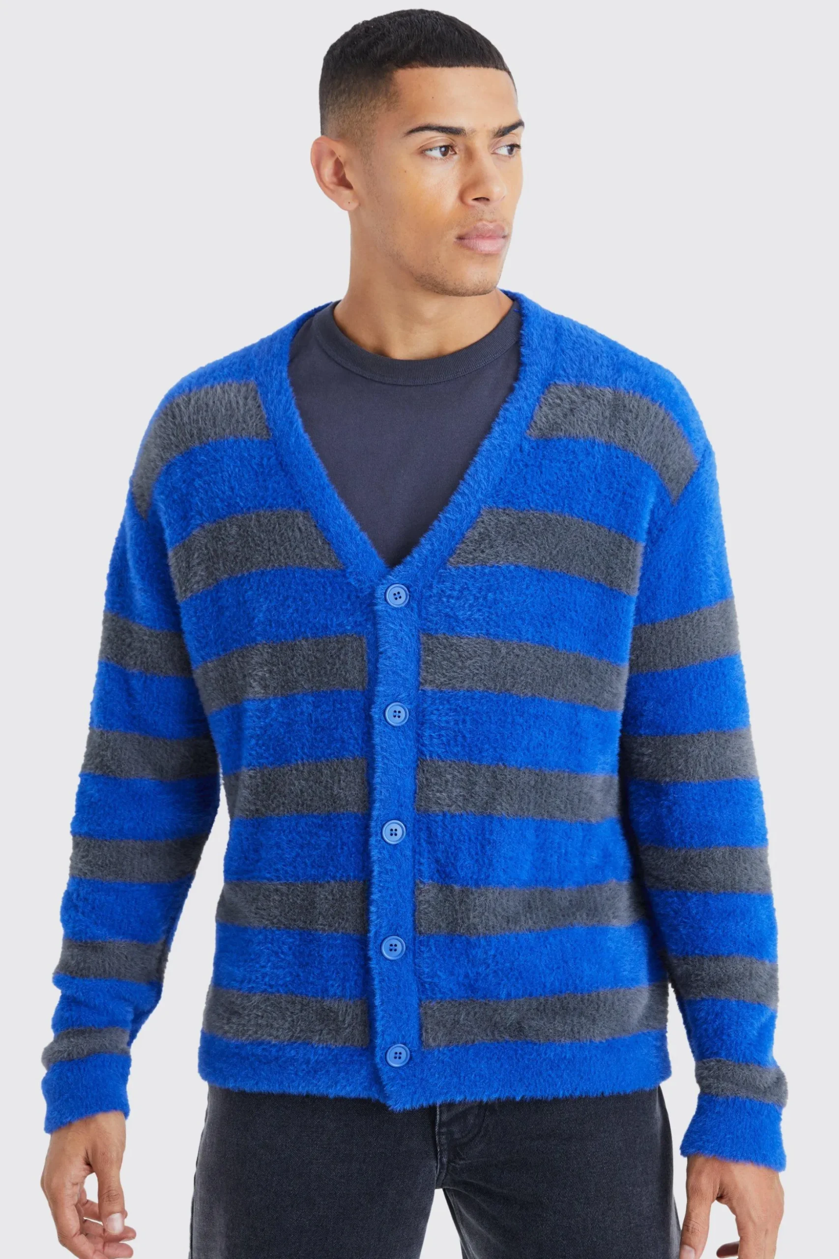 Oversized Stripe Fluffy Cardigan | BoohooMAN UK