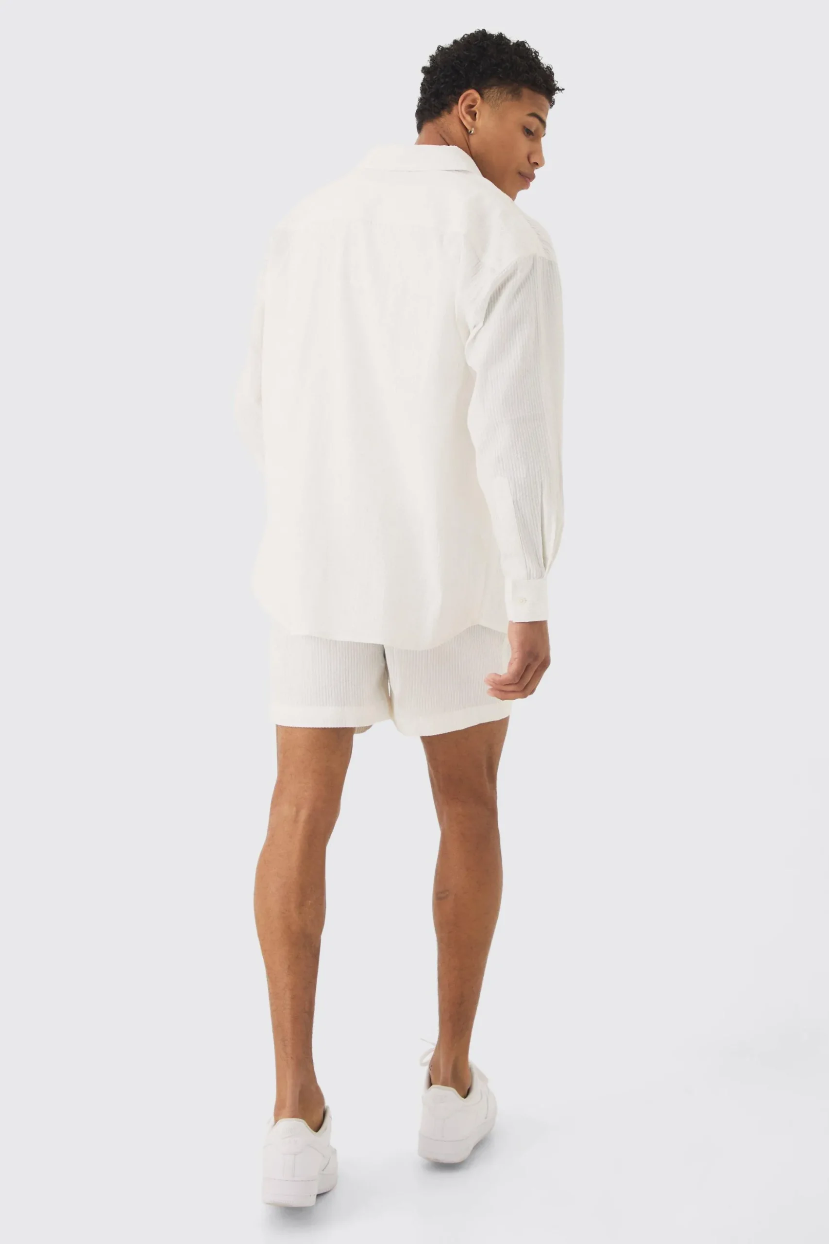Oversized Stripe Seer Sucker Shirt & Short Set In White | BoohooMAN UK