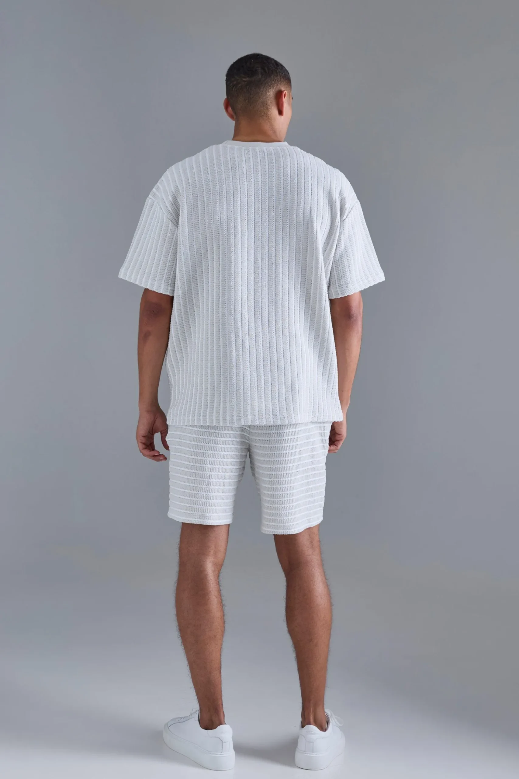 Oversized Striped Textured T-shirt & Short Set | BoohooMAN UK