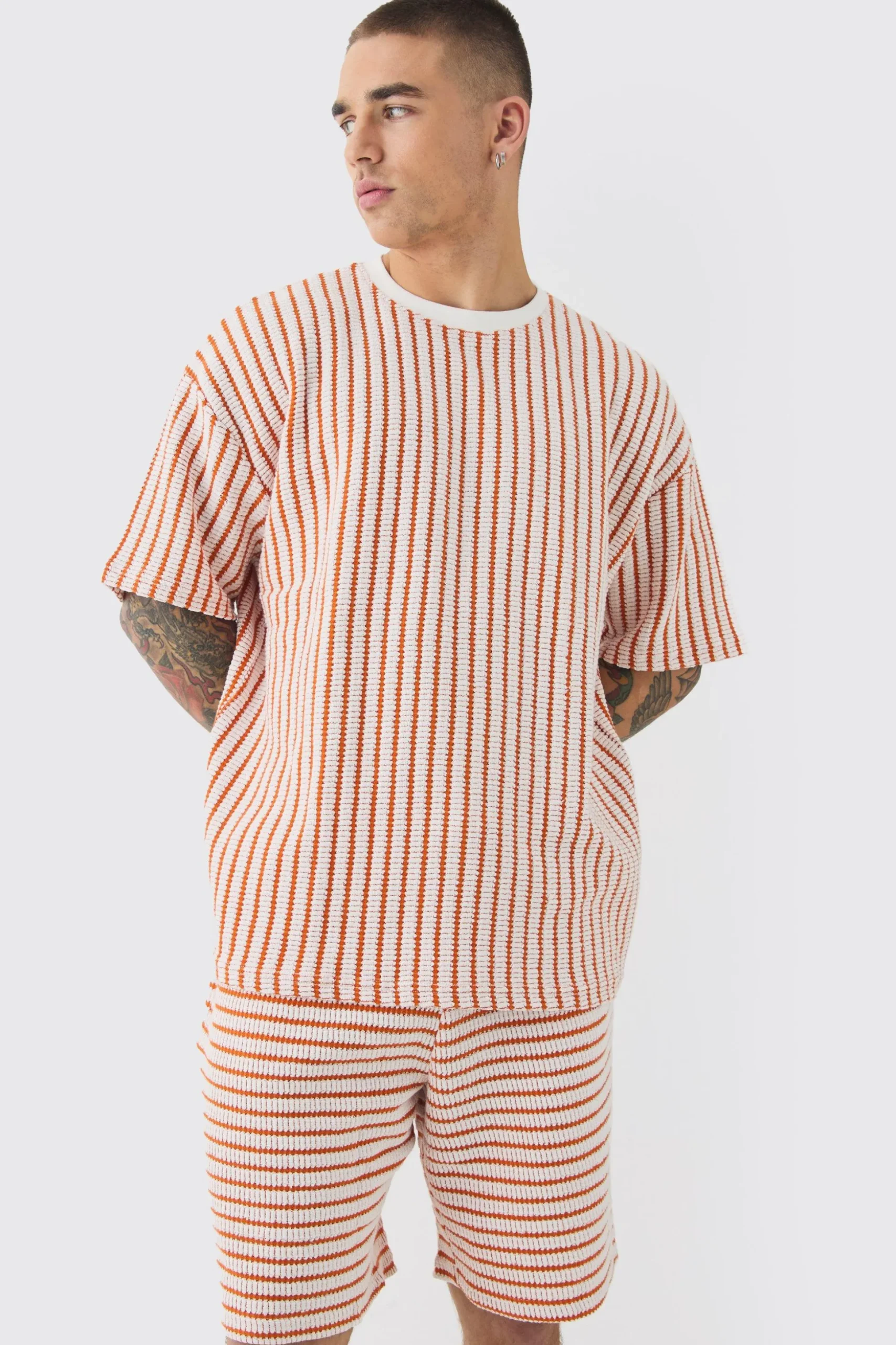 Oversized Striped Textured T-shirt & Short Set | BoohooMAN UK