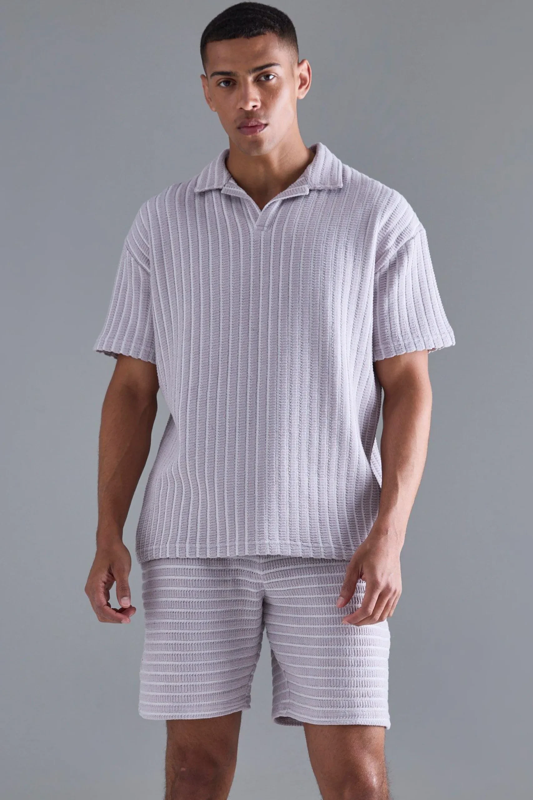 Oversized Striped Textured Revere Polo & Short Set | BoohooMAN UK