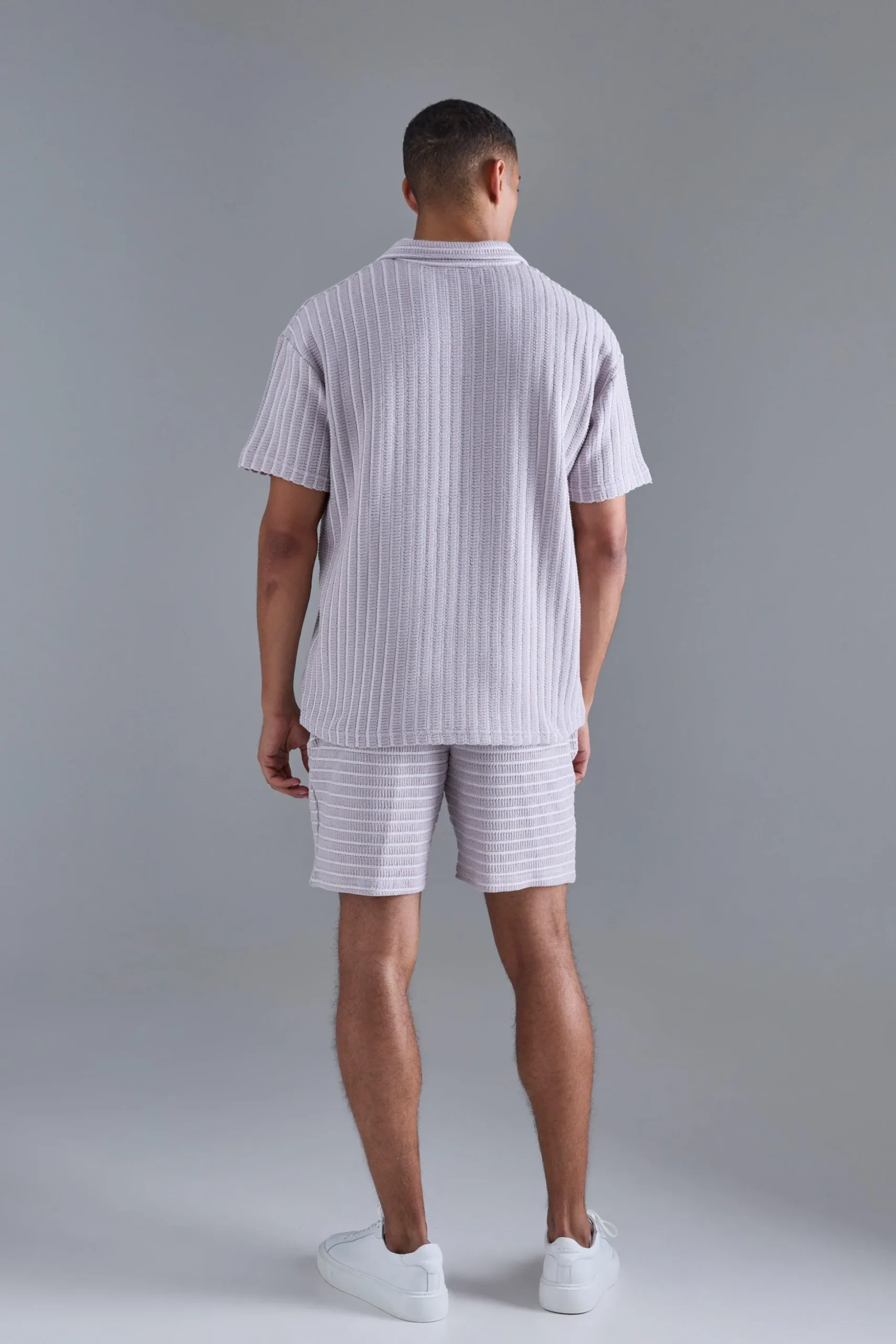 Oversized Striped Textured Revere Polo & Short Set | BoohooMAN UK